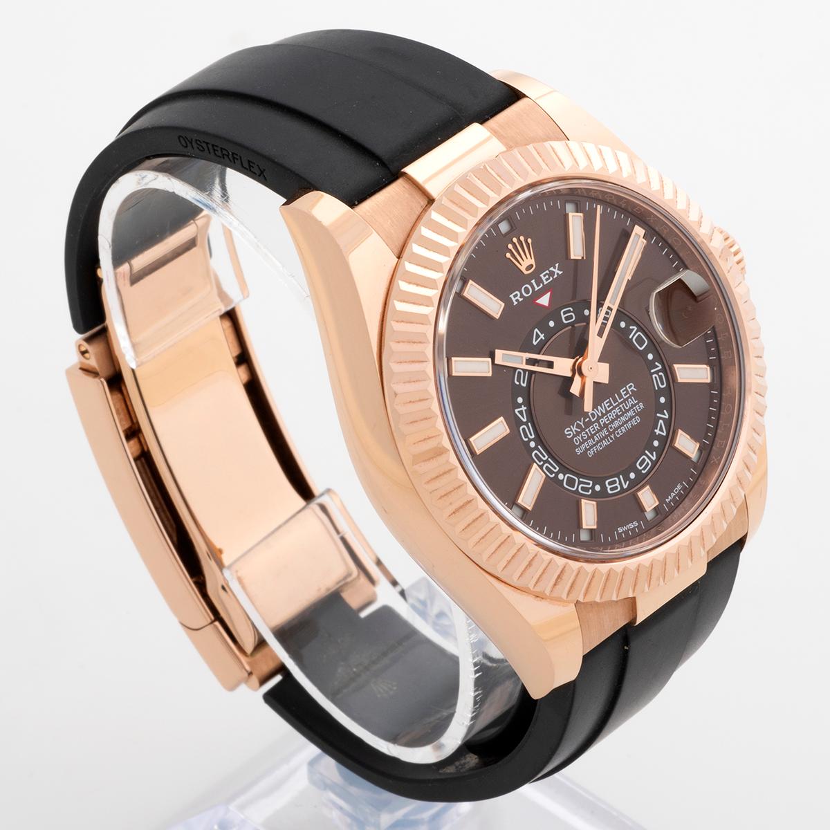 Our Rolex Sky Dweller, reference 326235 features a 42mm 18k rose gold everose case, everflex strap with 18k rose gold folding clasp, and the very desirable chocolate/ brown dial. Presented in outstanding condition with only light signs of use from