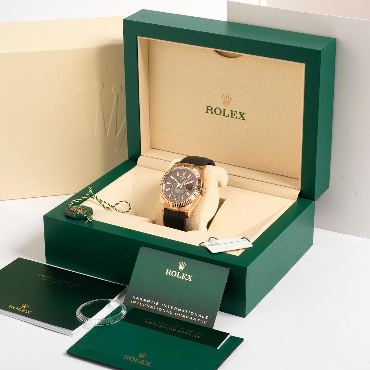 Rolex Sky Dweller Wristwatch Ref 326235, 18K Rose Gold, Brown Dial. Full Set In Excellent Condition In Canterbury, England