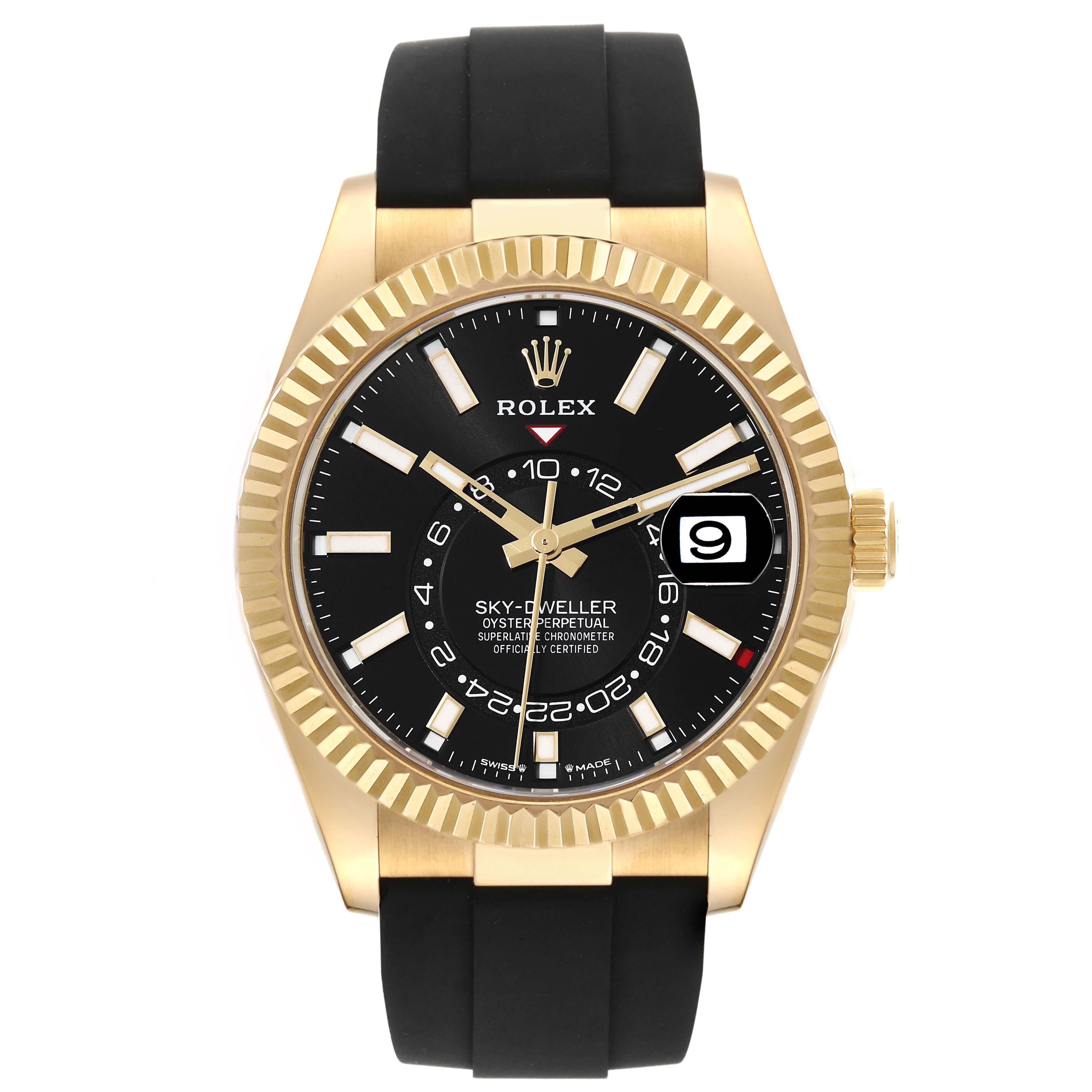 Rolex Sky-Dweller Yellow Gold Black Dial Oysterflex Mens Watch 336238 Box Card Excellent état à Atlanta, GA