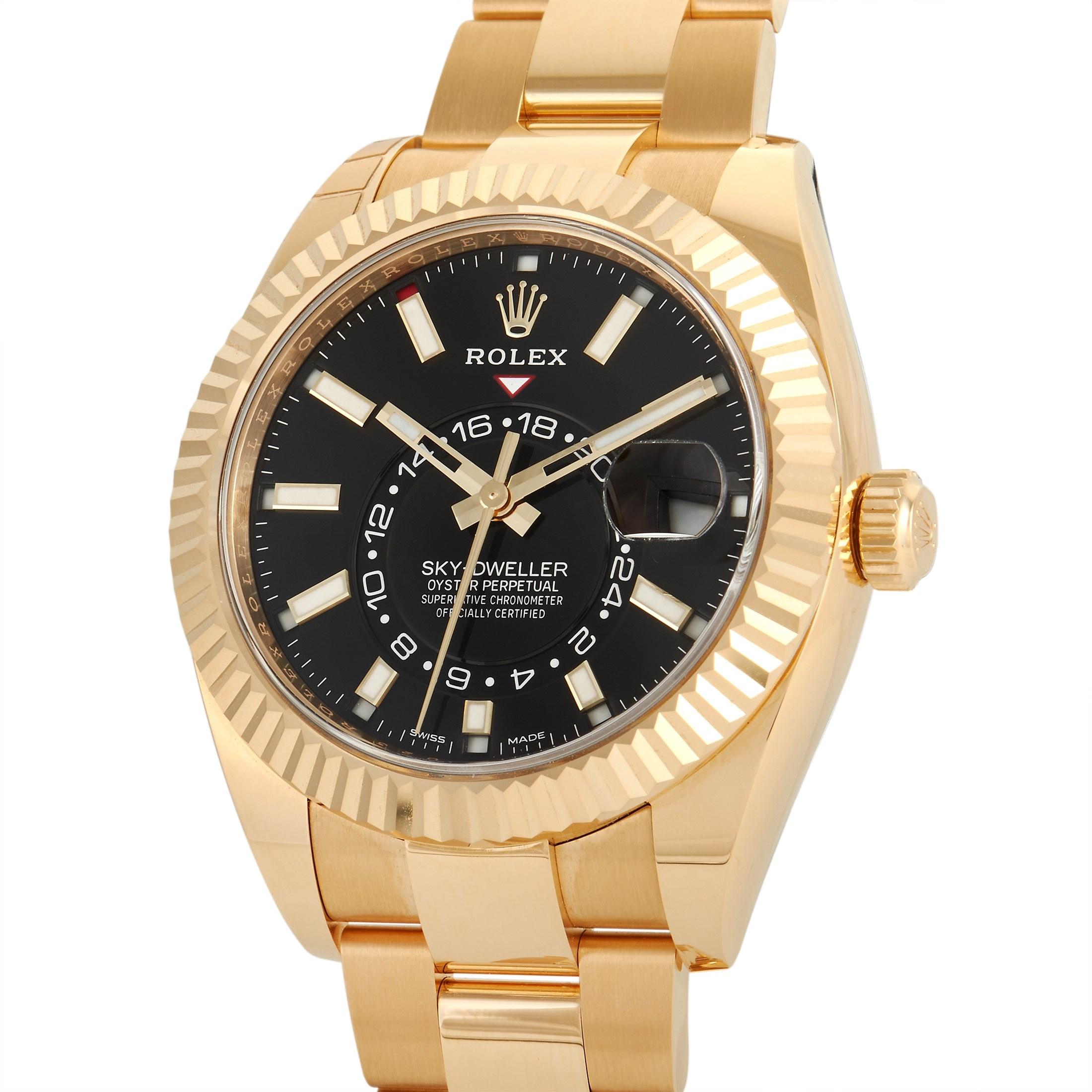 The Rolex Sky-Dweller Watch, reference number 326938-0004, is a pilots watch that perfectly combines luxury and functionality. 

On this watch, you’ll find a sleek 42mm case, fluted bezel, and bracelet made from opulent 18K Yellow Gold. The black