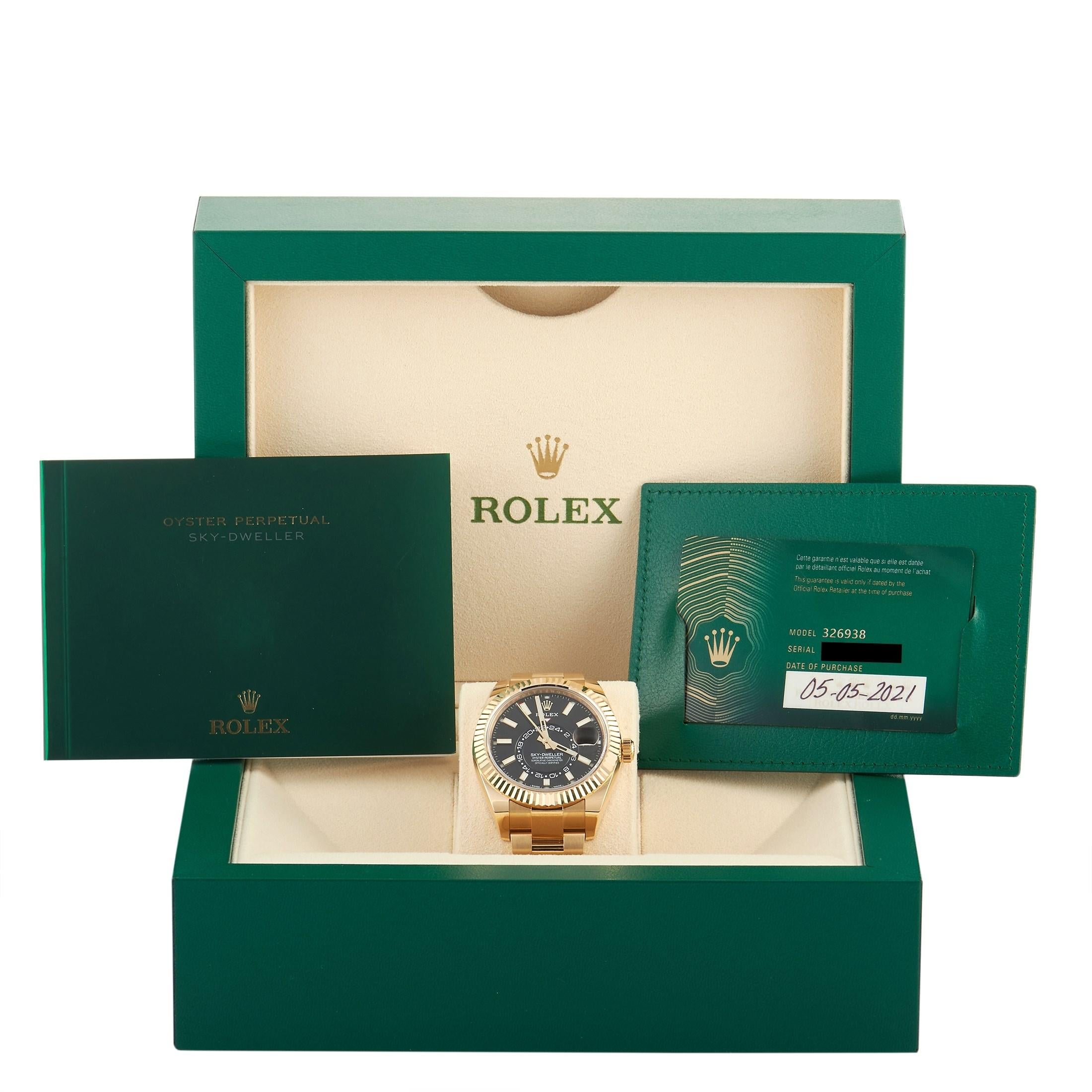 Rolex Sky-Dweller Yellow Gold Black Dial Watch 326938-0004 In New Condition In Southampton, PA