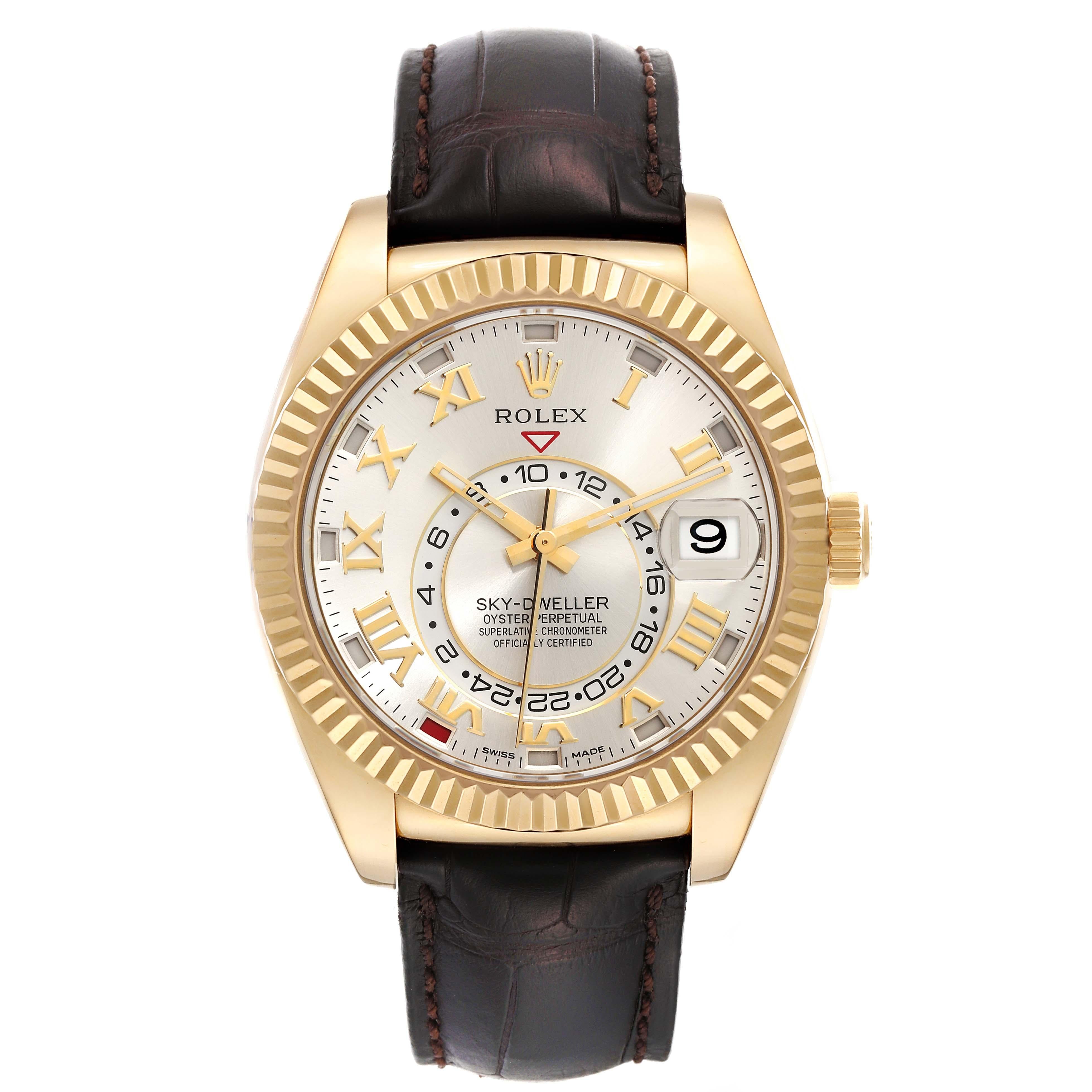 Men's Rolex Sky Dweller Yellow Gold Silver Dial Mens Watch 326138 Box Card For Sale
