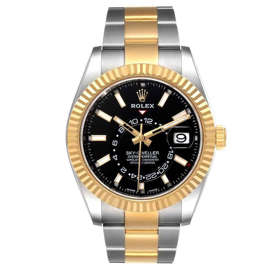 Rolex Sky Dweller Yellow Gold Steel Black Dial Mens Watch 326933 Box Card. Officially certified chronometer self-winding movement. Dual time zones, annual calendar. Paramagnetic blue Parachrom hairspring. High-performance Paraflex shock absorbers.
