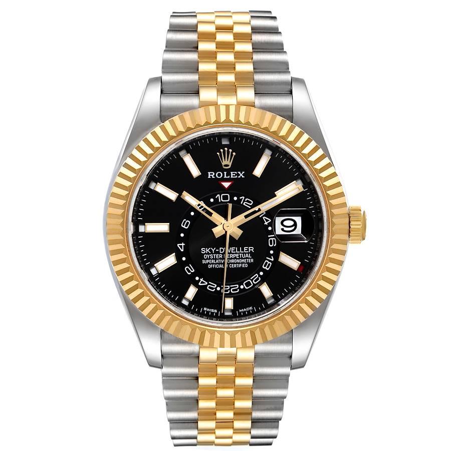Rolex Sky Dweller Yellow Gold Steel Black Dial Mens Watch 326933 Unworn. Officially certified chronometer self-winding movement. Dual time zones, annual calendar. Paramagnetic blue Parachrom hairspring. High-performance Paraflex shock absorbers.