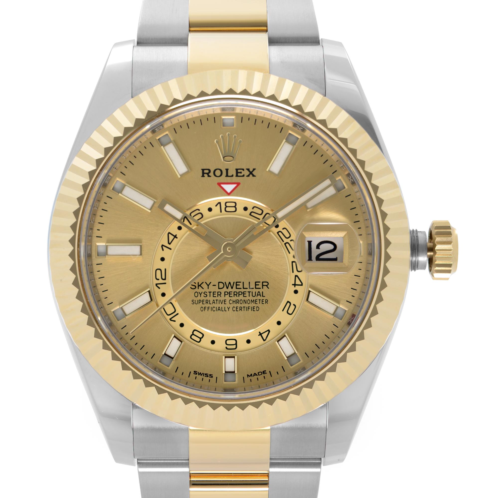 Display Model Rolex Sky-Dweller Yellow Gold Steel Champagne Dial Automatic Men's Watch 326933. 2021 Card. This Beautiful Timepiece Features: Stainless Steel Case with a Stainless Steel & Gold Oyster Bracelet. Fixes Gold Fluted Bezel. Champagne Dial