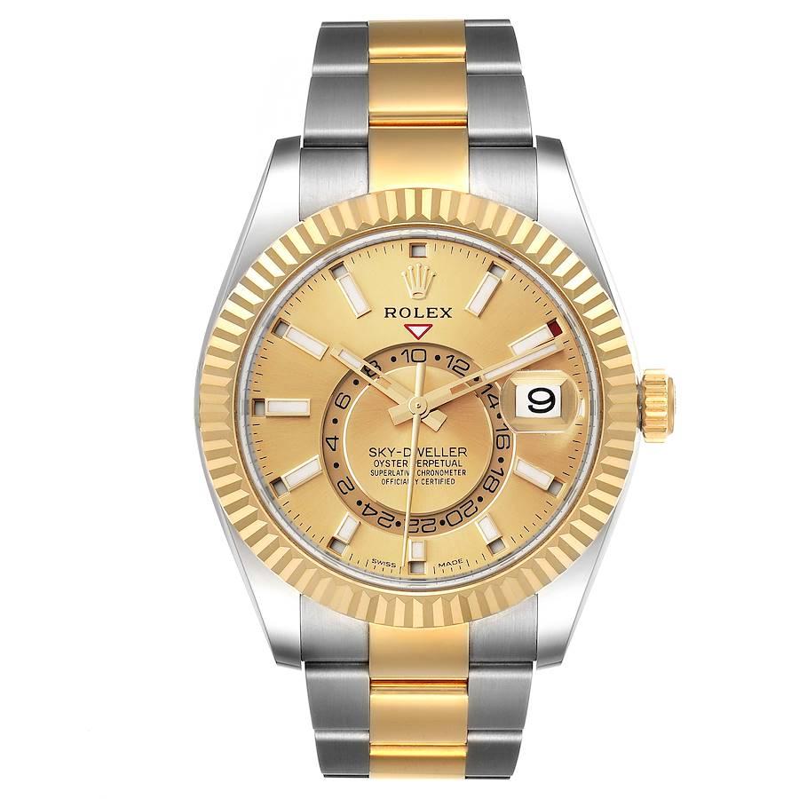 Rolex Sky Dweller Yellow Gold Steel Champagne Dial Mens Watch 326933 Box Card. Officially certified chronometer self-winding movement. Dual time zones, annual calendar. Paramagnetic blue Parachrom hairspring. High-performance Paraflex shock