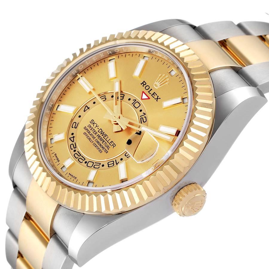 Rolex Sky Dweller Yellow Gold Steel Champagne Dial Mens Watch 326933 Box Card In Excellent Condition For Sale In Atlanta, GA