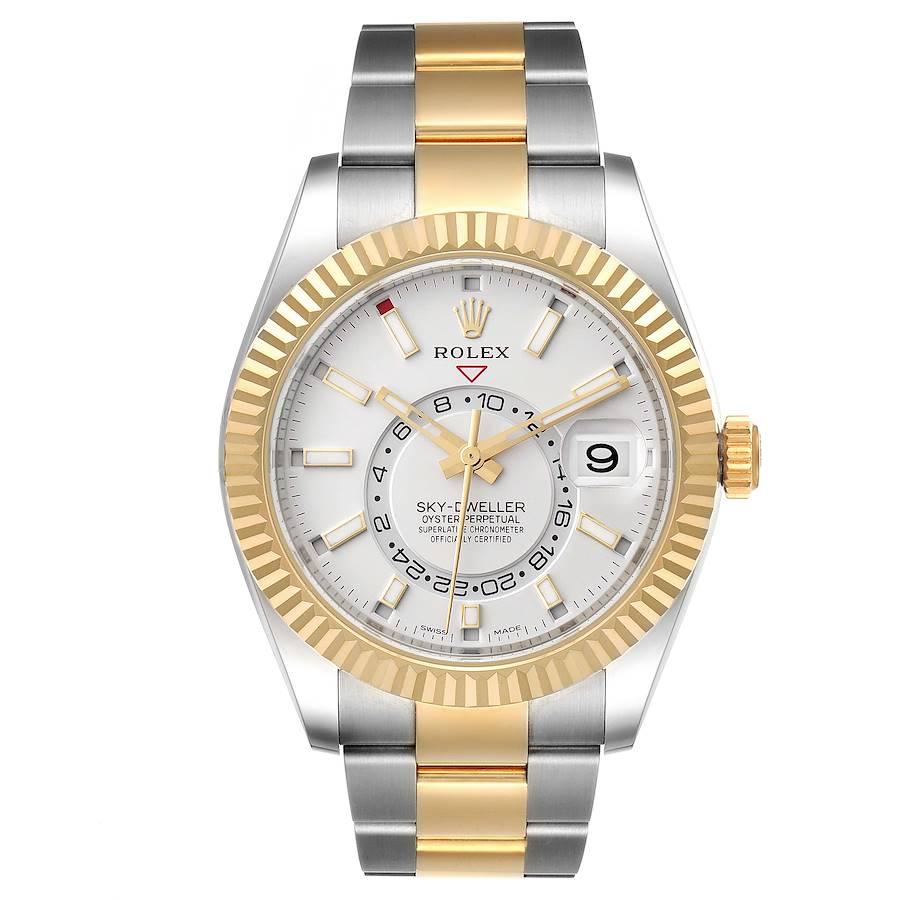 Rolex Sky Dweller Yellow Gold Steel White Dial Mens Watch 326933 Box Card. Officially certified chronometer self-winding movement. Dual time zones, annual calendar. Paramagnetic blue Parachrom hairspring. High-performance Paraflex shock absorbers.
