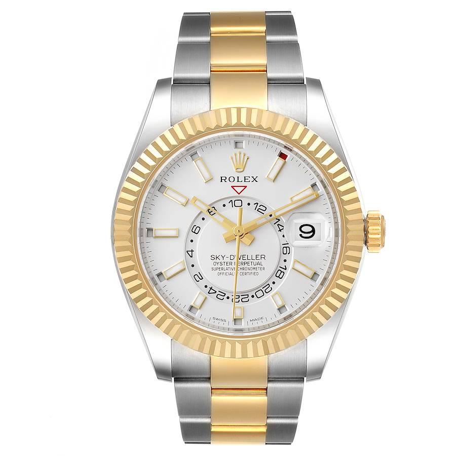 Rolex Sky Dweller Yellow Gold Steel White Dial Mens Watch 326933 Unworn. Officially certified chronometer self-winding movement. Dual time zones, annual calendar. Paramagnetic blue Parachrom hairspring. High-performance Paraflex shock absorbers.