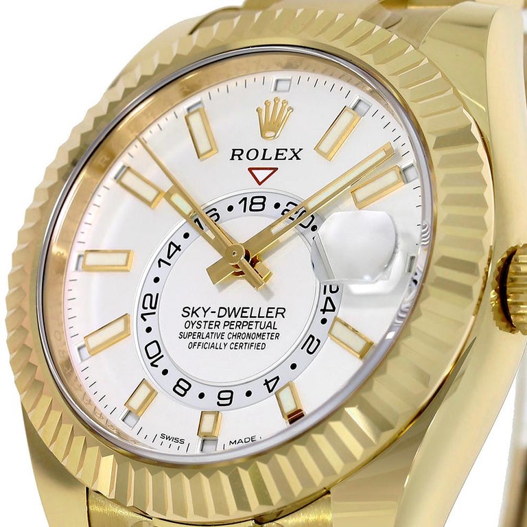 Rolex SkyDweller Yellow Gold White Index Dial Dual Time Zone Watch