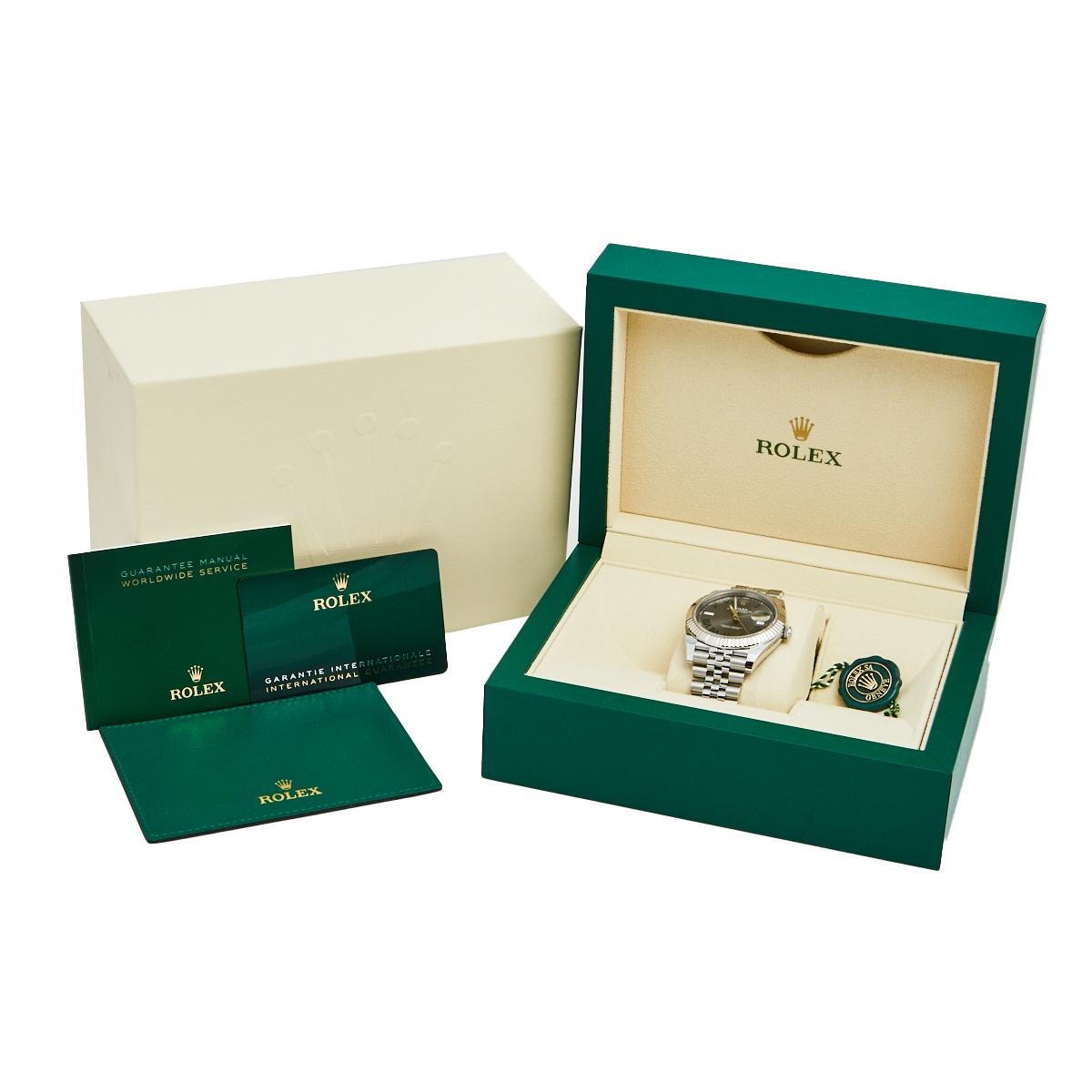 The Datejust is one of the most recognized and coveted watches from the house of Rolex. It has a distinct look and an irrefutable appeal. Crafted in stainless steel, this Rolex Datejust 126334-0022 wristwatch for men has the signature allure. The