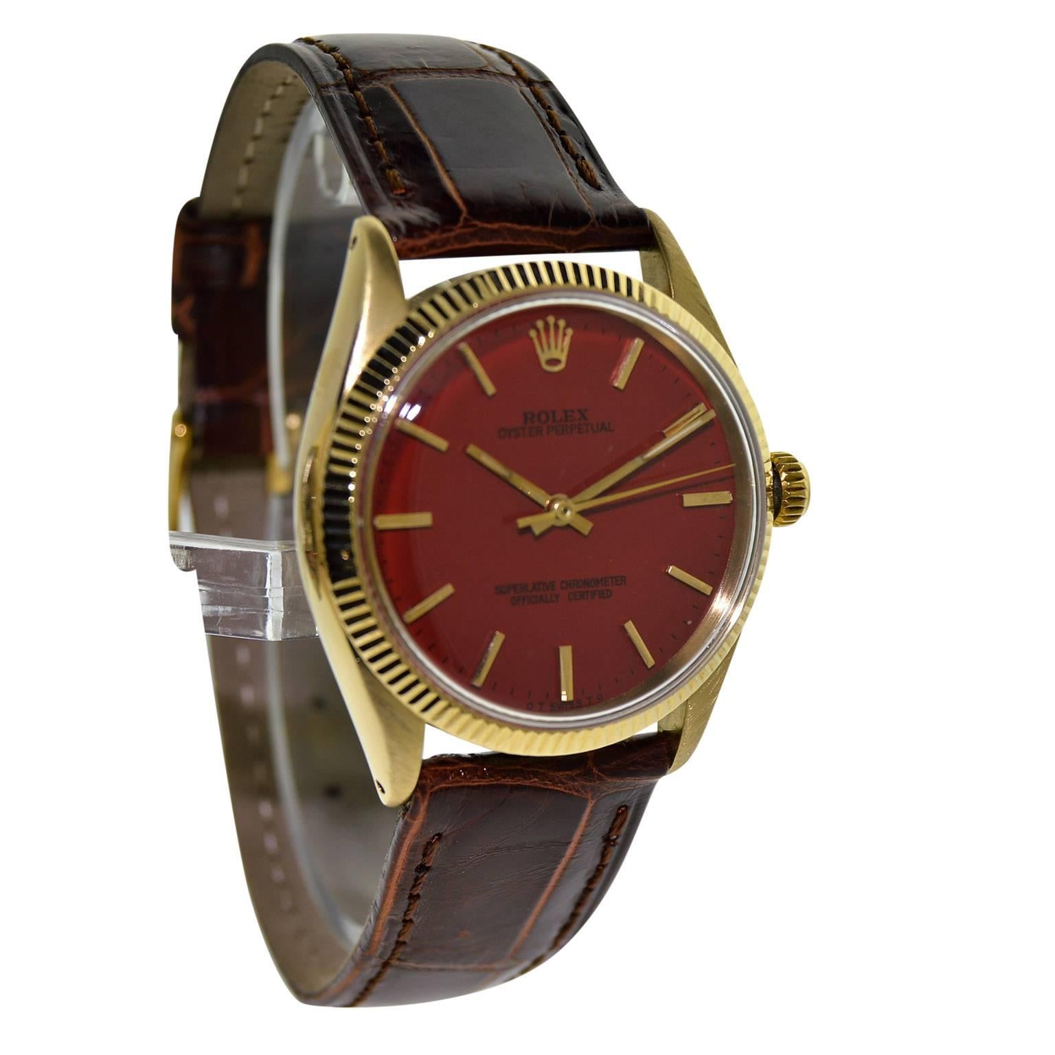 FACTORY / HOUSE: Rolex Watch Company
STYLE / REFERENCE: Oyster Perpetual / Ref. 1005
METAL / MATERIAL: 14Kt. Solid Yellow Gold
CIRCA: 1960's
DIMENSIONS: 39mm X 34mm
MOVEMENT / CALIBER: Perpetual Winding / 26 Jewels / Cal. 1560
DIAL / HANDS: Custom