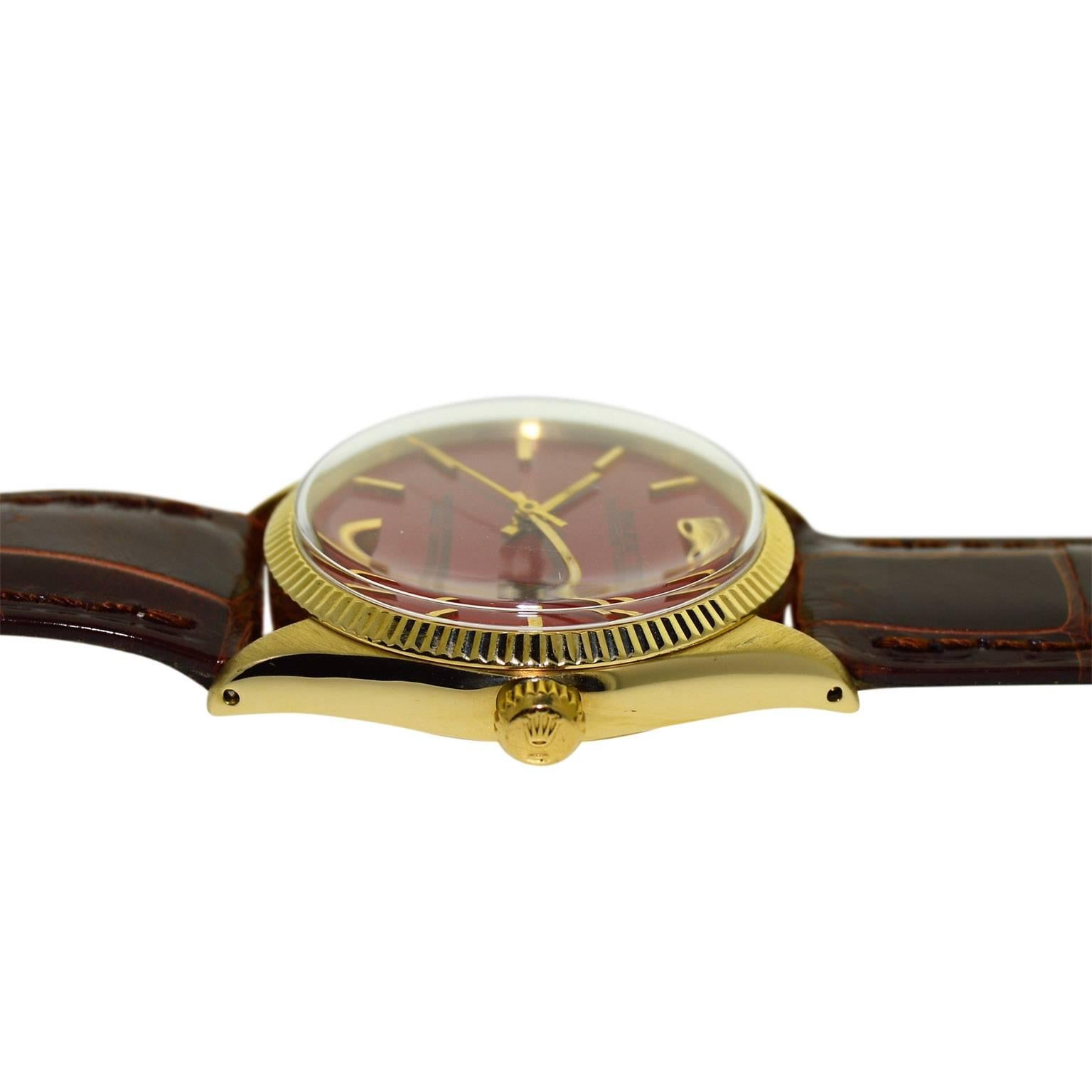 Rolex Yellow Gold Custom Red Dial Oyster Perpetual Wristwatch, circa 1960s 2