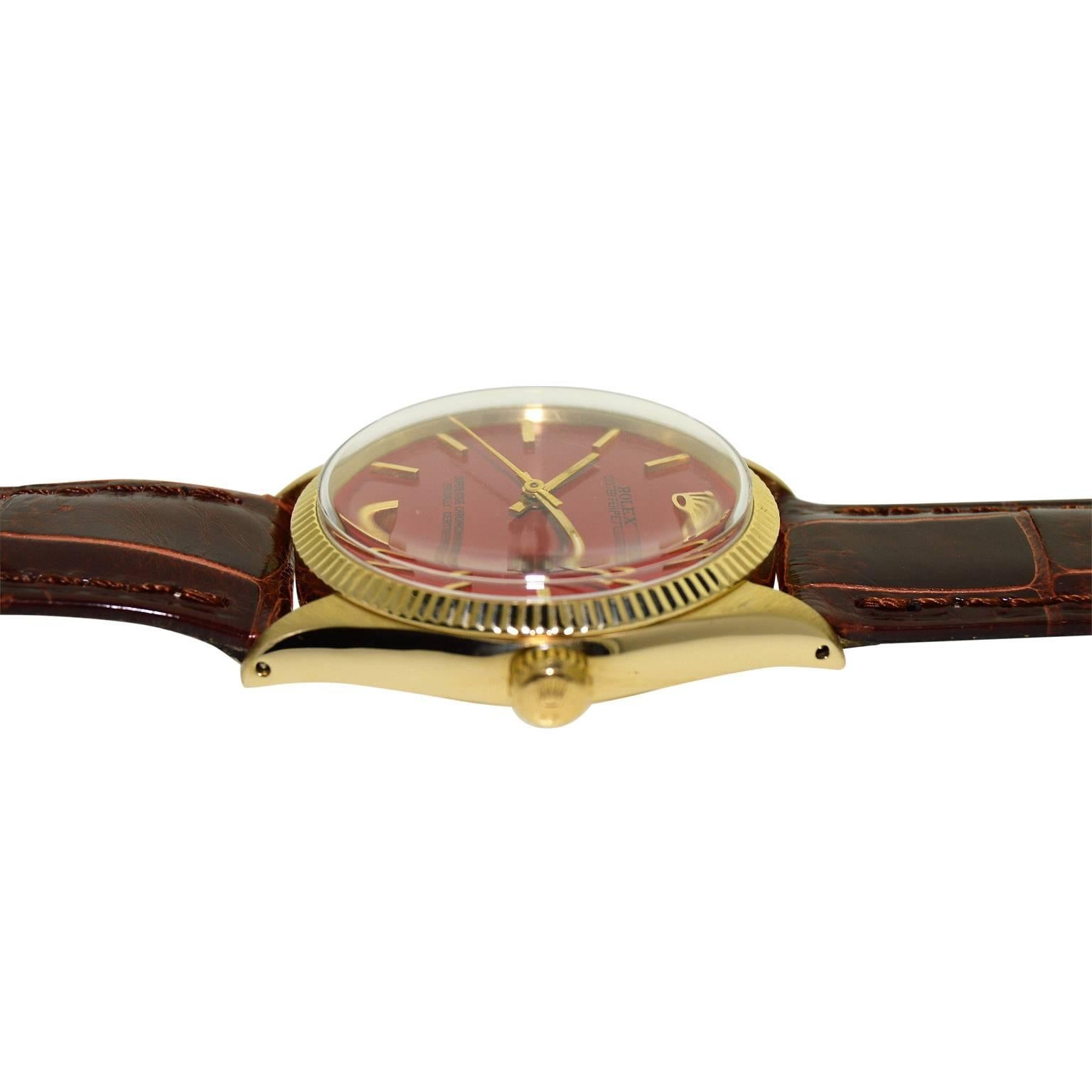 Rolex Yellow Gold Custom Red Dial Oyster Perpetual Wristwatch, circa 1960s 3