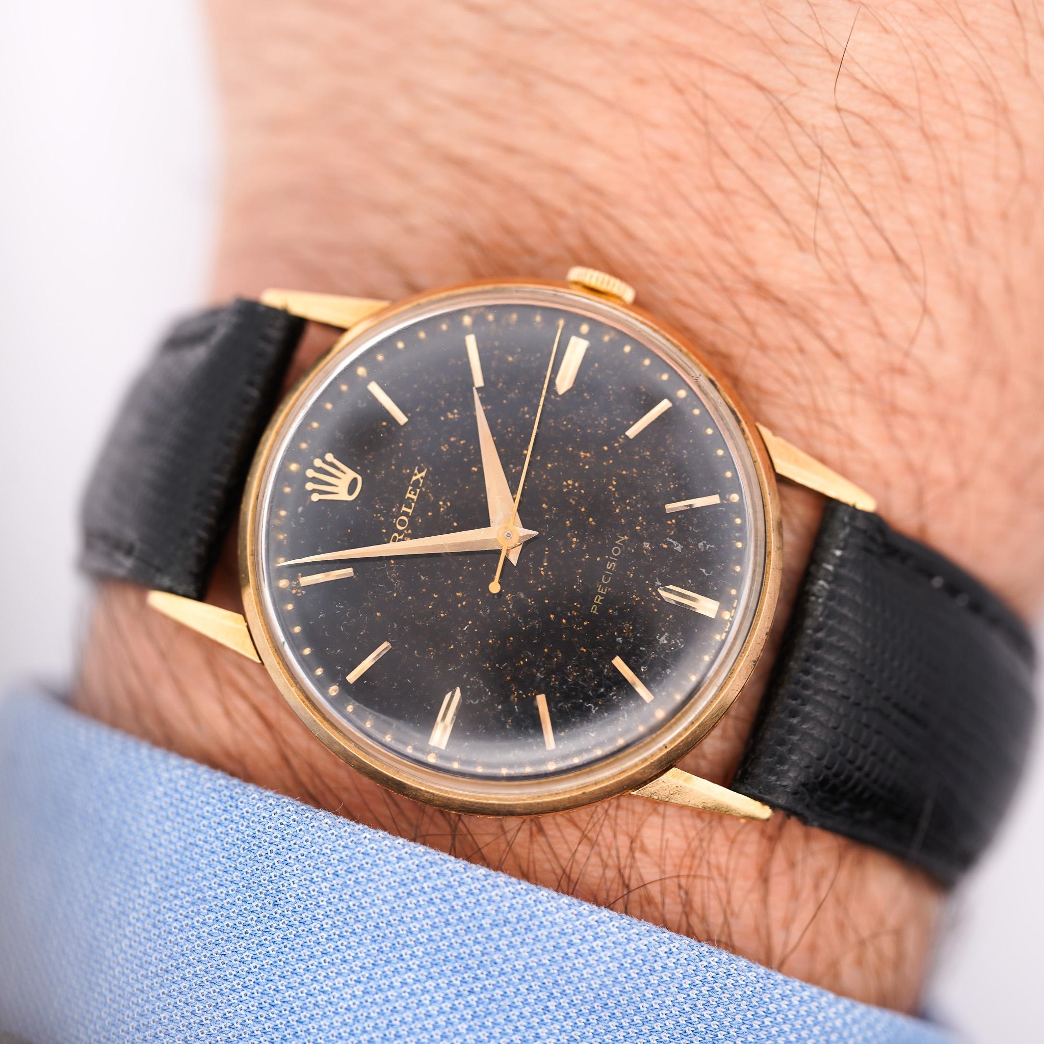 Rolex Speckled Gold Dial 33MM 18K Gold Precision Leather Watch (Art déco) im Angebot