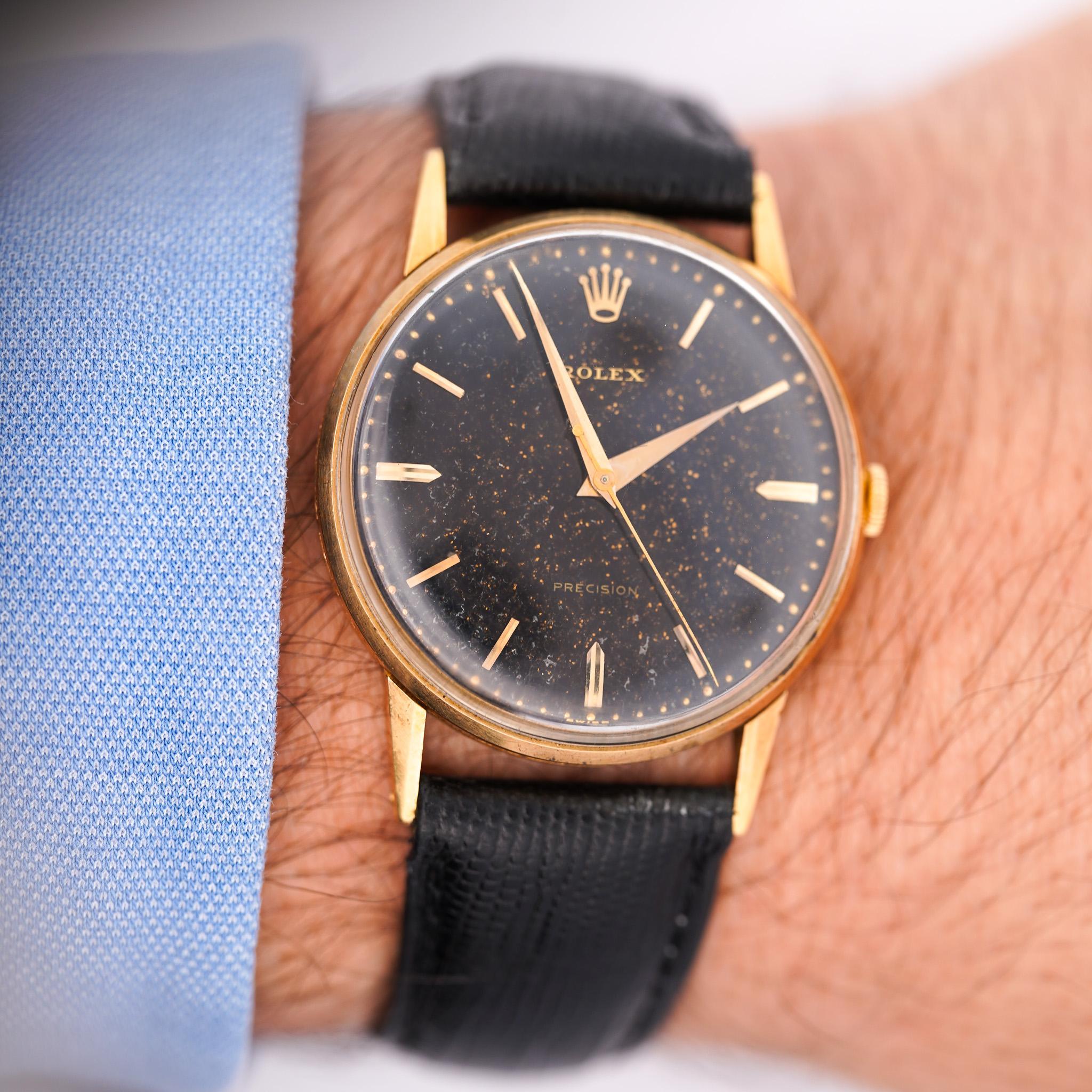 Rolex Speckled Gold Dial 33MM 18K Gold Precision Leather Watch im Zustand „Hervorragend“ im Angebot in Miami, FL