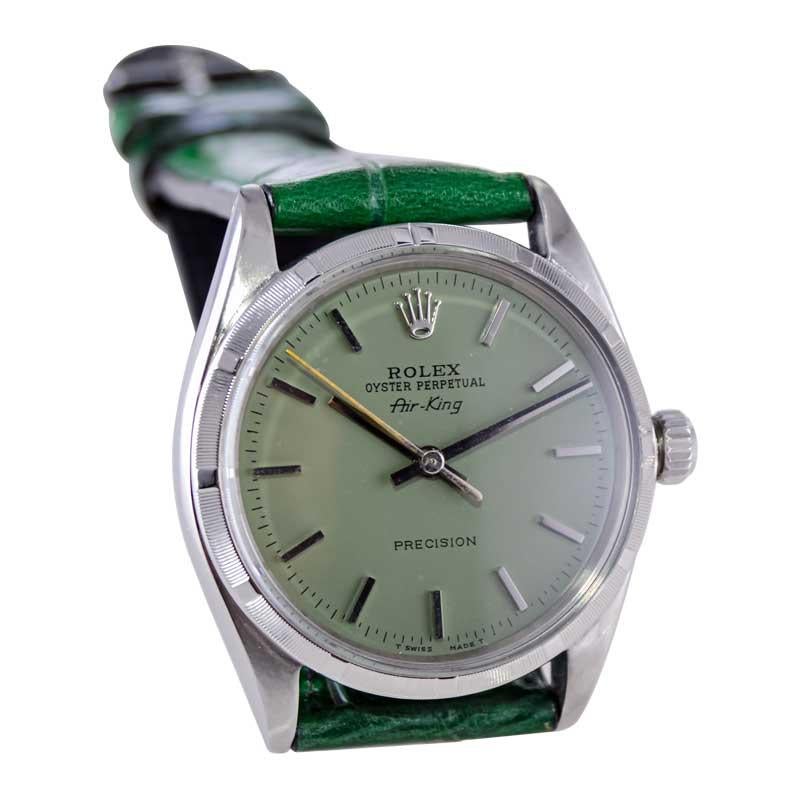 Rolex Stainless Air King with Machined Bezel Custom Finished Green Dial 1960's In Excellent Condition For Sale In Long Beach, CA