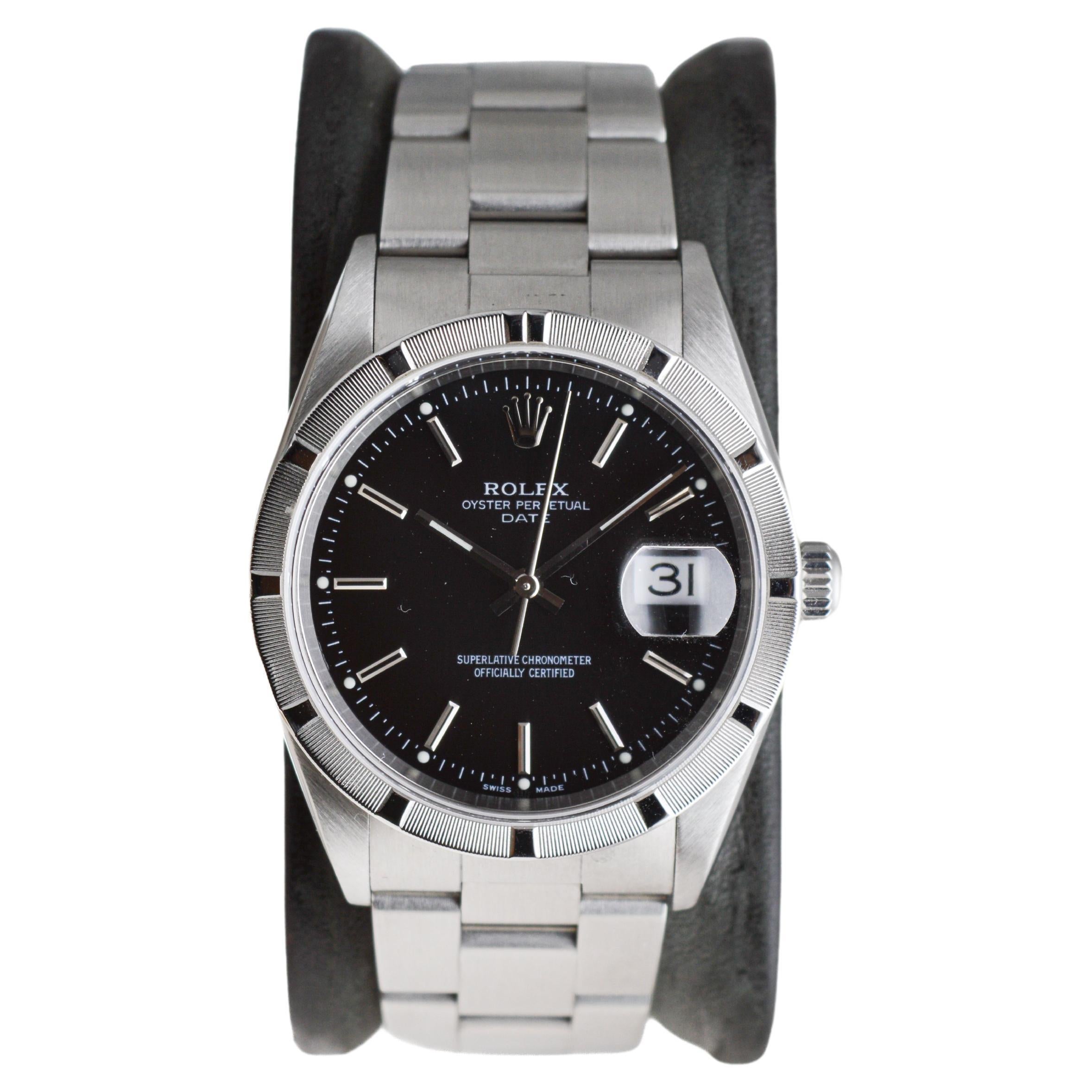 Moderne Rolex Stainless Oyster Perpetual Date With Rare Factory Original Black Dial 2002 en vente