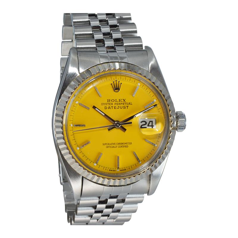 FACTORY / HOUSE: Rolex Watch Co.
STYLE / REFERENCE: Datejust / Ref 1601
METAL / MATERIAL: Stainless Steel with 14Kt White Gold Fluted Bezel
CIRCA / YEAR: 1968 / 1969
DIMENSIONS / SIZE: 44mm x 36mm
MOVEMENT / CALIBER: Perpetual Wind / 26 Jewels /