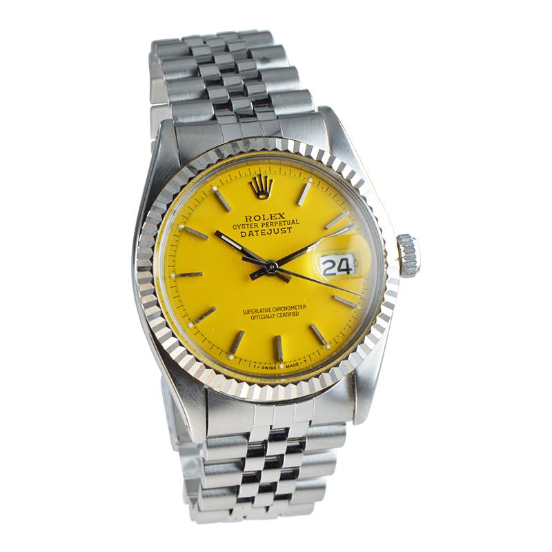 Modern Rolex Stainless Oyster Perpetual Datejust with a Yellow Custom Dial from 1960's For Sale