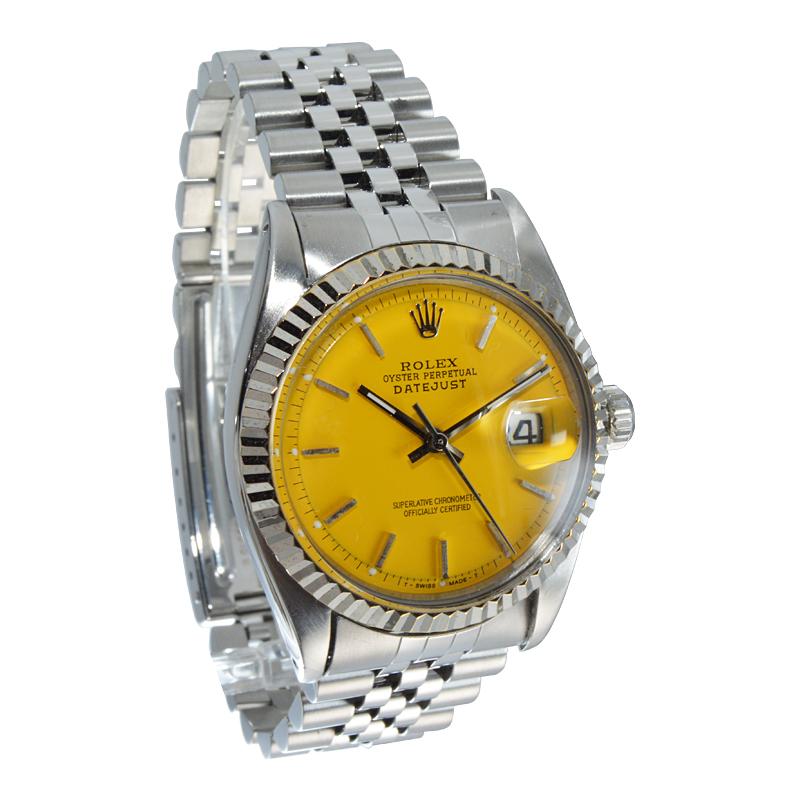 Women's or Men's Rolex Stainless Oyster Perpetual Datejust with a Yellow Custom Dial from 1960's For Sale