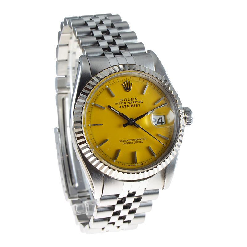 Rolex Stainless Oyster Perpetual Datejust with a Yellow Custom Dial from 1960's For Sale 1