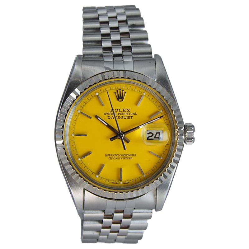 Rolex Stainless Oyster Perpetual Datejust with a Yellow Custom Dial from 1960's For Sale