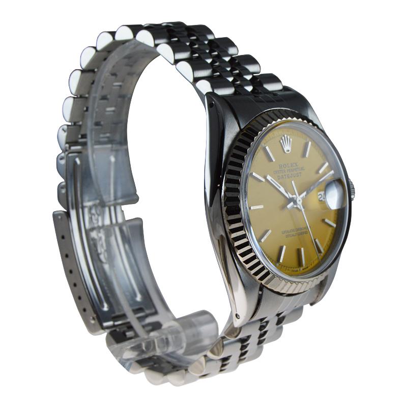 Rolex Stainless Oyster Perpetual Datejust with Custom Yellow Dial, 1960s In Excellent Condition In Long Beach, CA