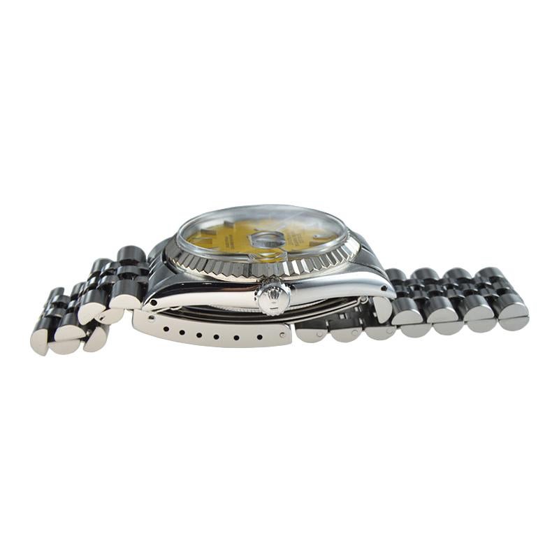 Women's or Men's Rolex Stainless Oyster Perpetual Datejust with Custom Yellow Dial, 1960s