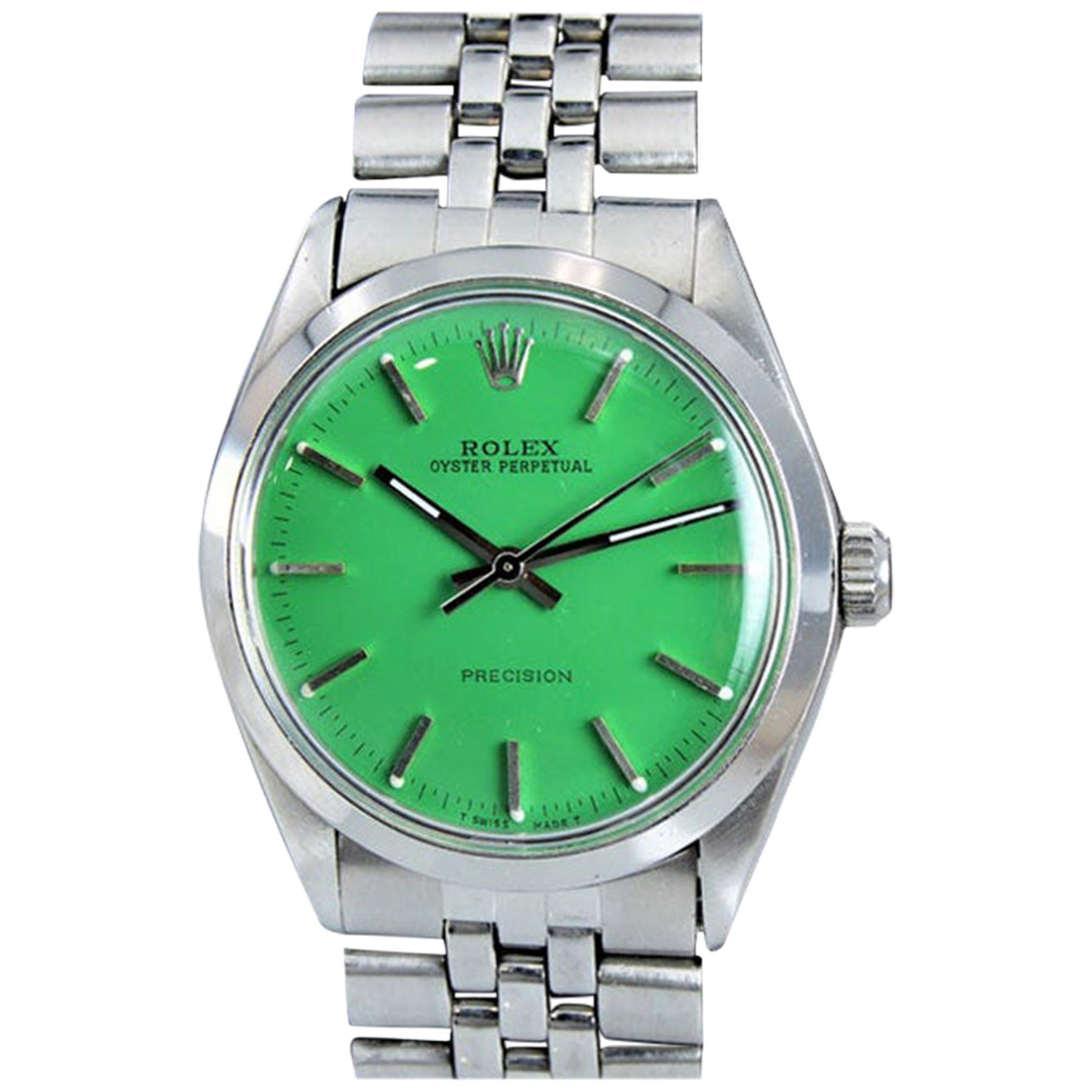 Rolex Stainless Oyster Perpetual with Custom Green Dial, 1970s For Sale