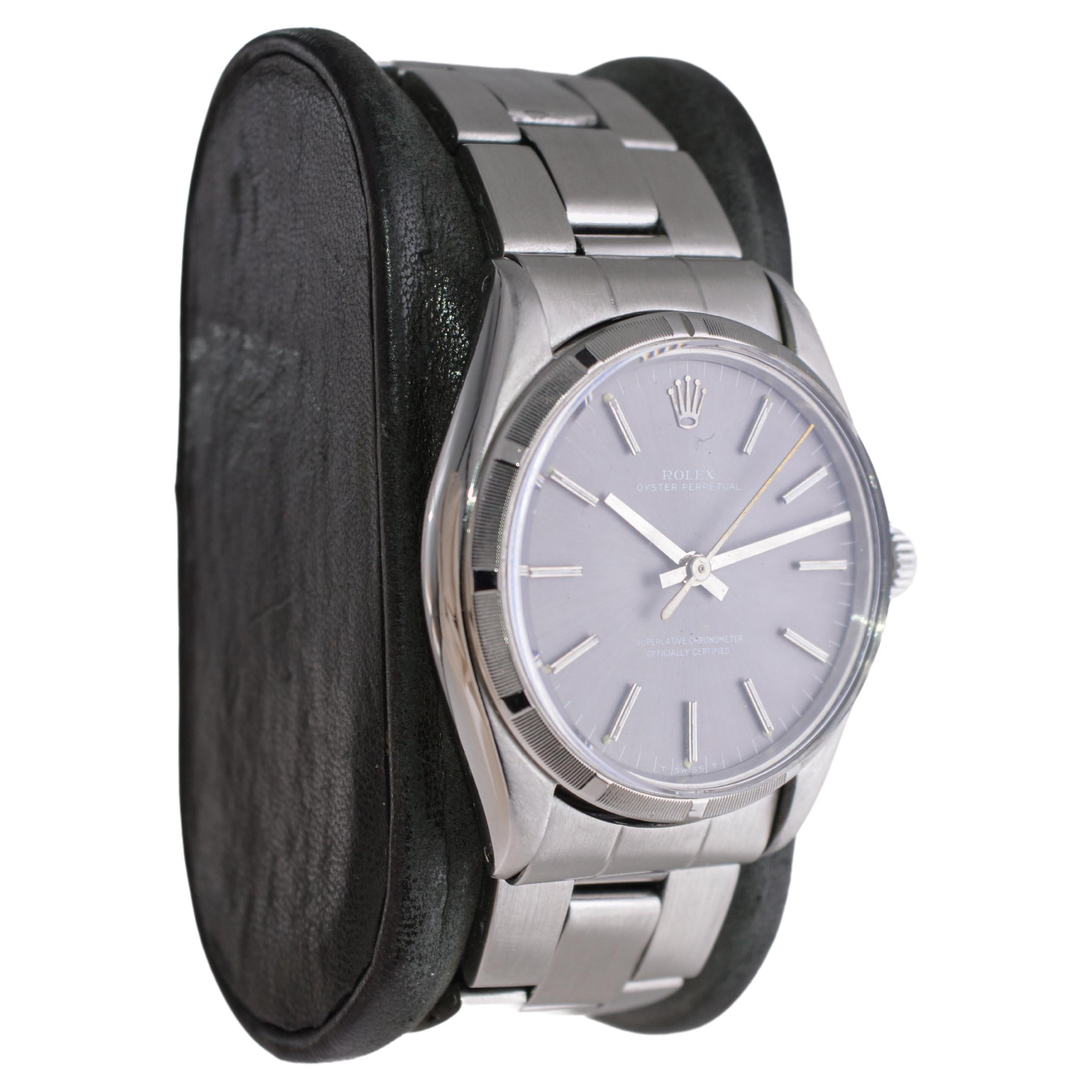 FACTORY / HOUSE: Rolex Watch Company
STYLE / REFERENCE: Oyster Perpetual / Reference 1003
METAL / MATERIAL: Stainless Steel 
CIRCA / YEAR: 1960's
DIMENSIONS / SIZE: Length 40mm X Diameter 36mm
MOVEMENT / CALIBER: Perpetual Winding / 26 Jewels /