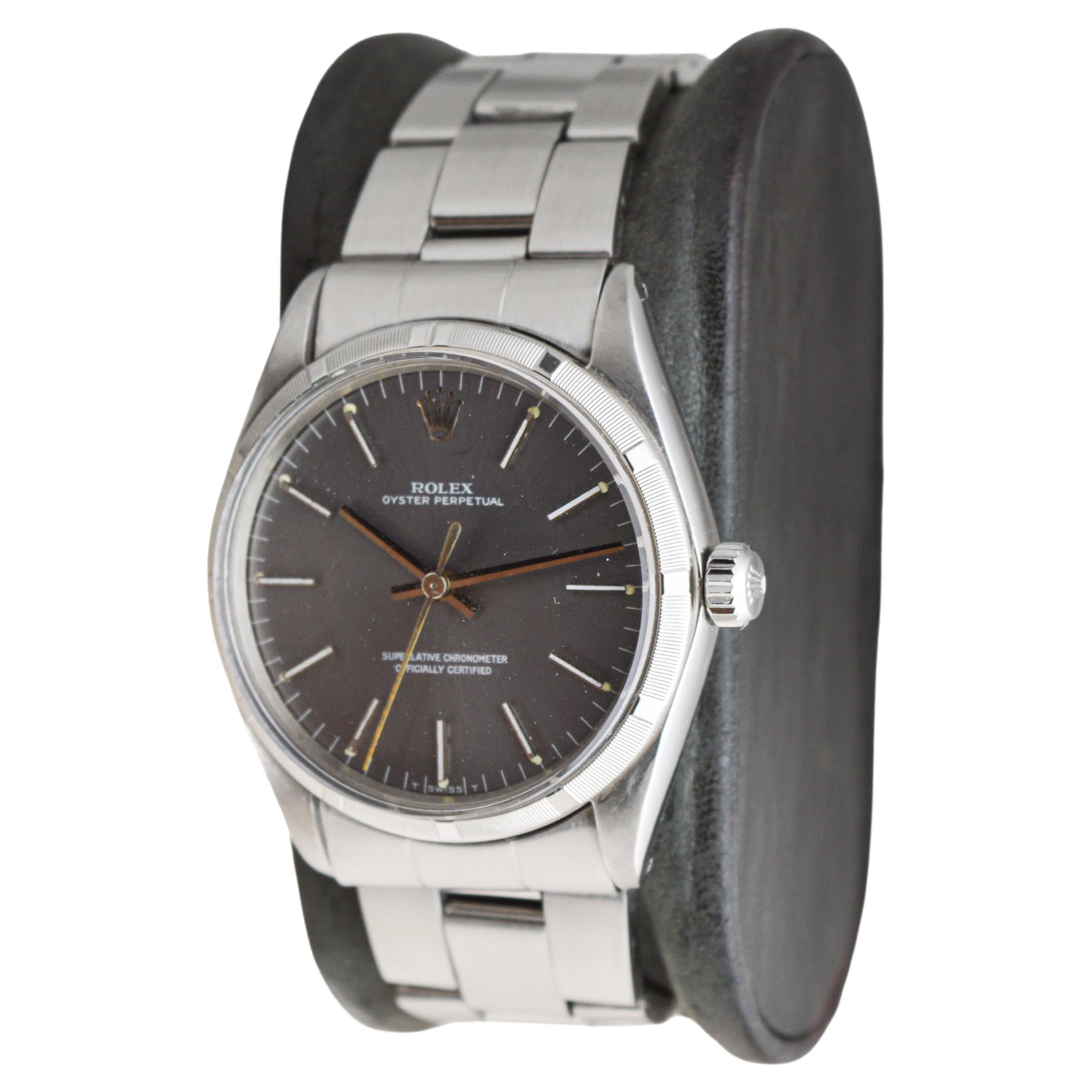 Rolex Stainless Oyster Perpetual with Machined Bezel Rare Charcoal Dial 1960's For Sale 1