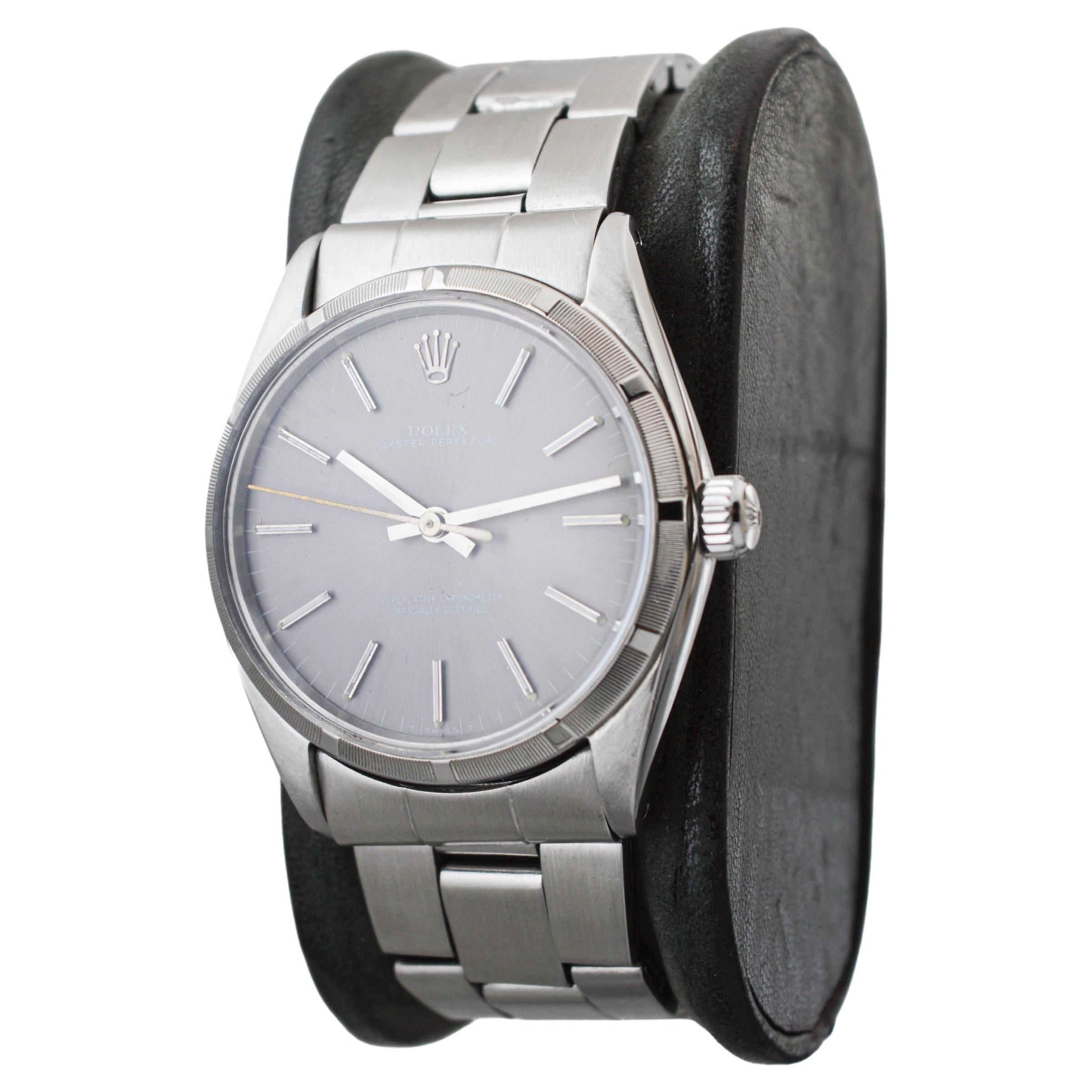 Rolex Stainless Oyster Perpetual with Machined Bezel Rare Charcoal Dial 1960's For Sale 2