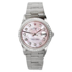 Rolex Stainless/Pink Face 34mm Oyster Perpetual Date 15200 Watch w. Diamonds