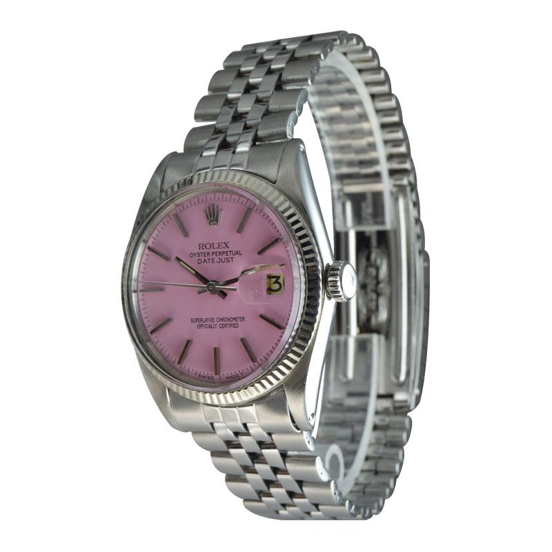 FACTORY / HOUSE: Rolex Watch Co.
STYLE / REFERENCE: Oyster Perpetual Datejust /Ref 1601
METAL / MATERIAL: Stainless Steel with 14Kt White Gold fluted Bezel
CIRCA / YEAR: 1963
DIMENSIONS / SIZE: 44mm x 36mm
MOVEMENT / CALIBER: Perpetual Winding / Cal