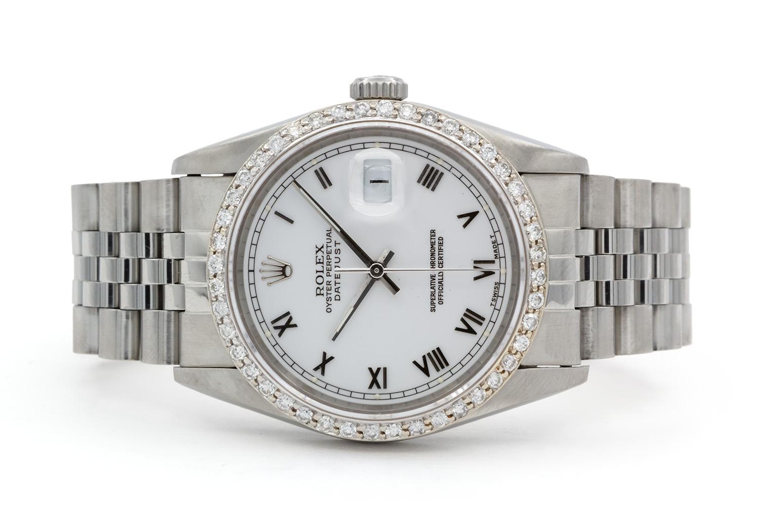 We are pleased to offer this 1990 Rolex Datejust 16220. This is a great Rolex for a man or a woman especially with women wearing larger watches these days. It features a 36mm stainless steel case and jubilee bracelet, custom white roman dial and