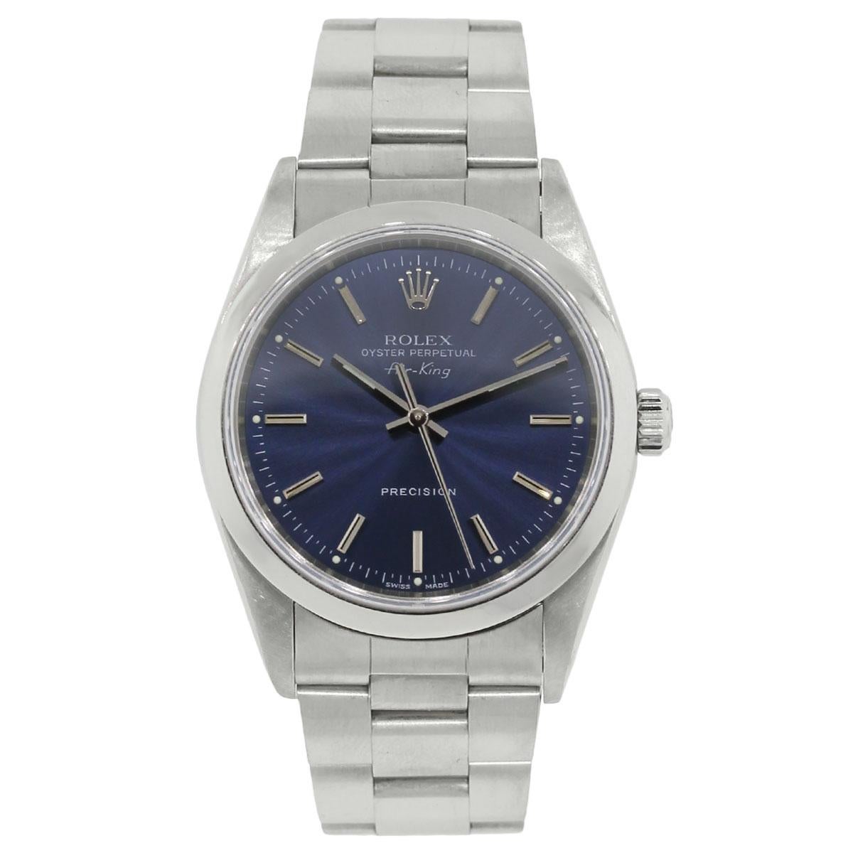 Brand: Rolex
MPN: 14000
Model: Air King
Case Material: Stainless steel
Case Diameter: 34mm
Crystal: Sapphire crystal
Bezel: Stainless steel smooth bezel
Dial: Blue dial
Bracelet: Stainless steel oyster band
Size: Will fit a 6.75″ wrist
Clasp: Fold