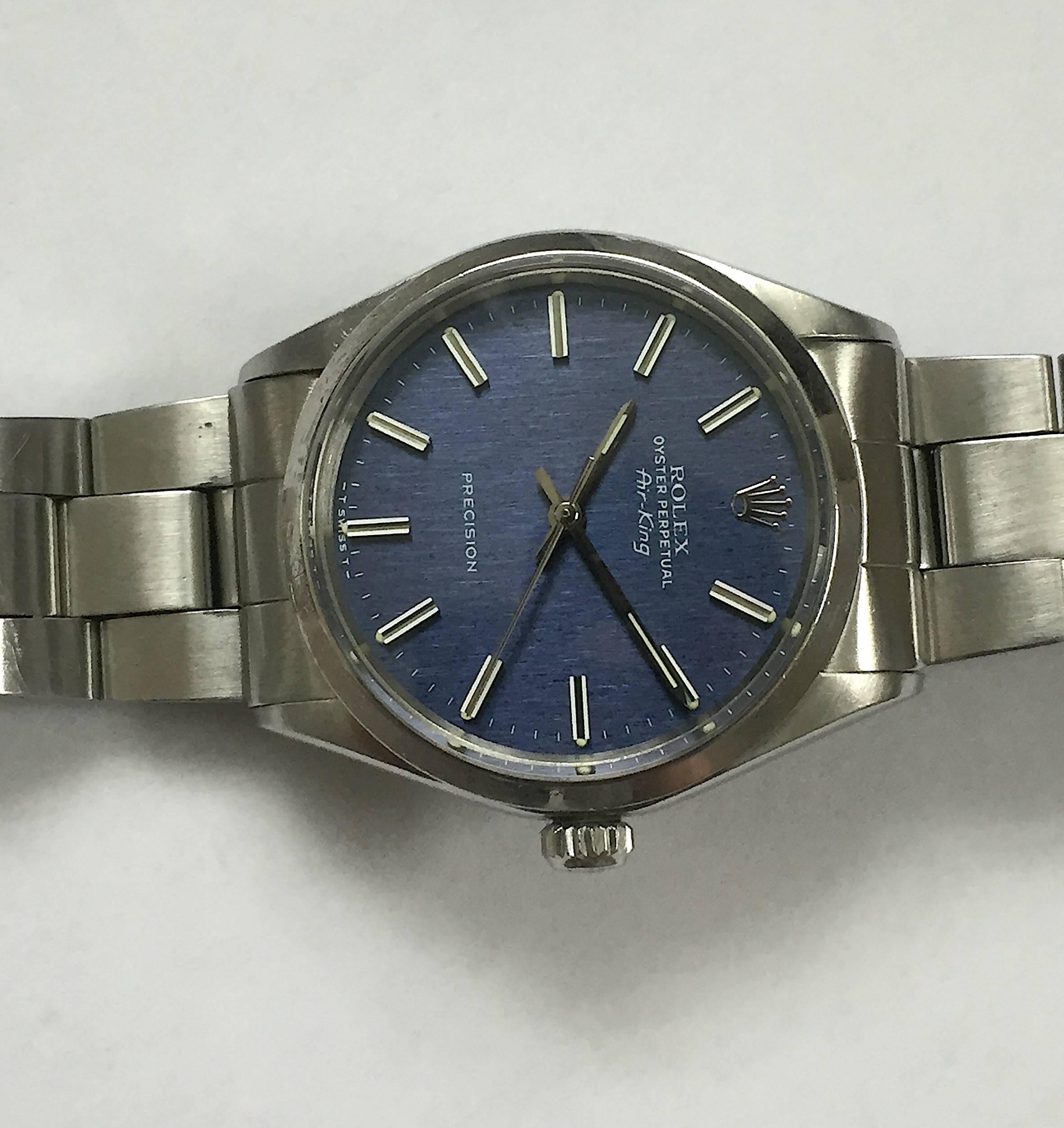 Rolex Stainless Steel Air-King Blue Linen Dial Automatic Wristwatch, 1970s For Sale 5