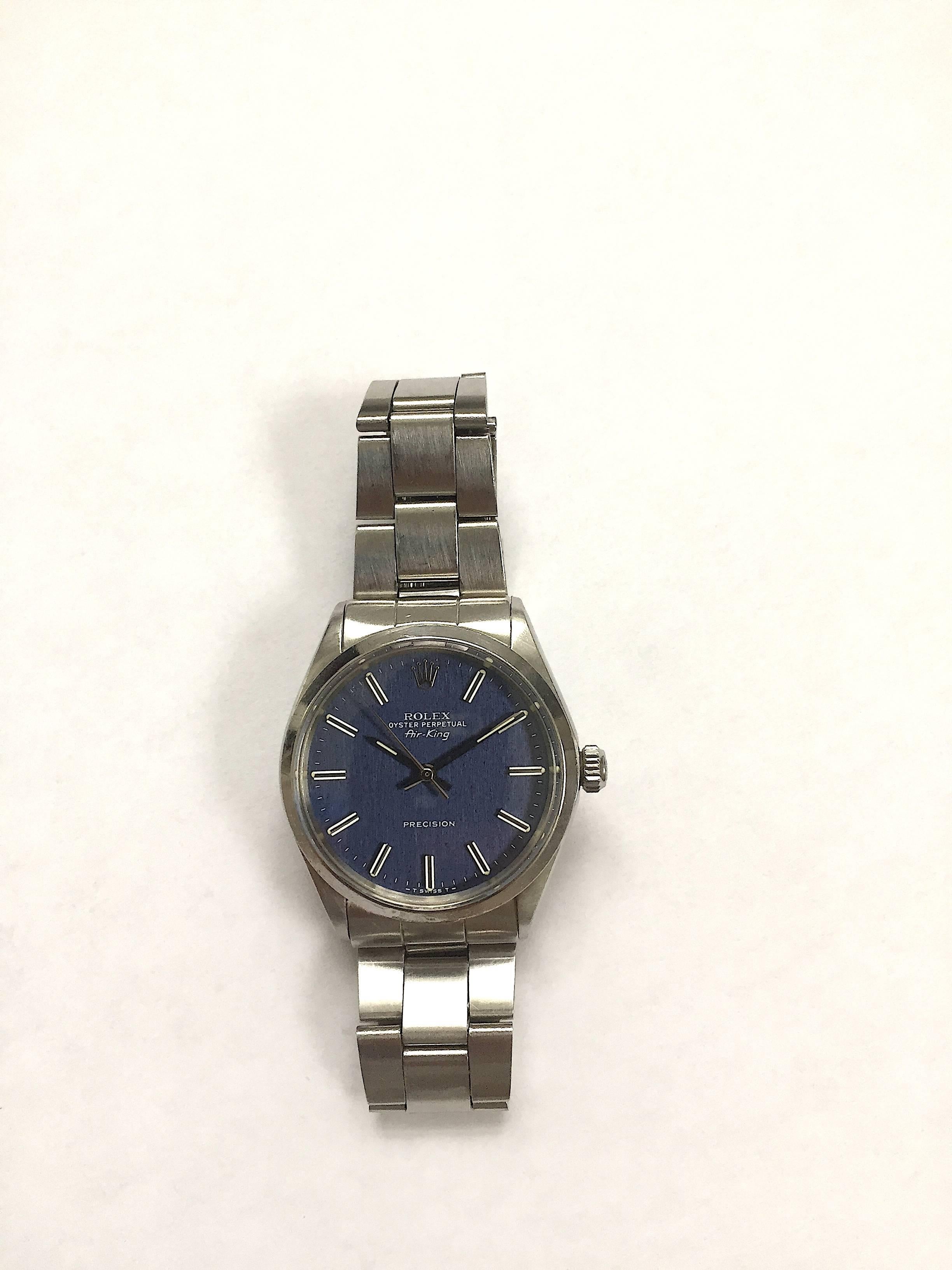 Rolex Stainless Steel Air-King Blue Linen Dial Automatic Wristwatch, 1970s In Good Condition For Sale In New York, NY