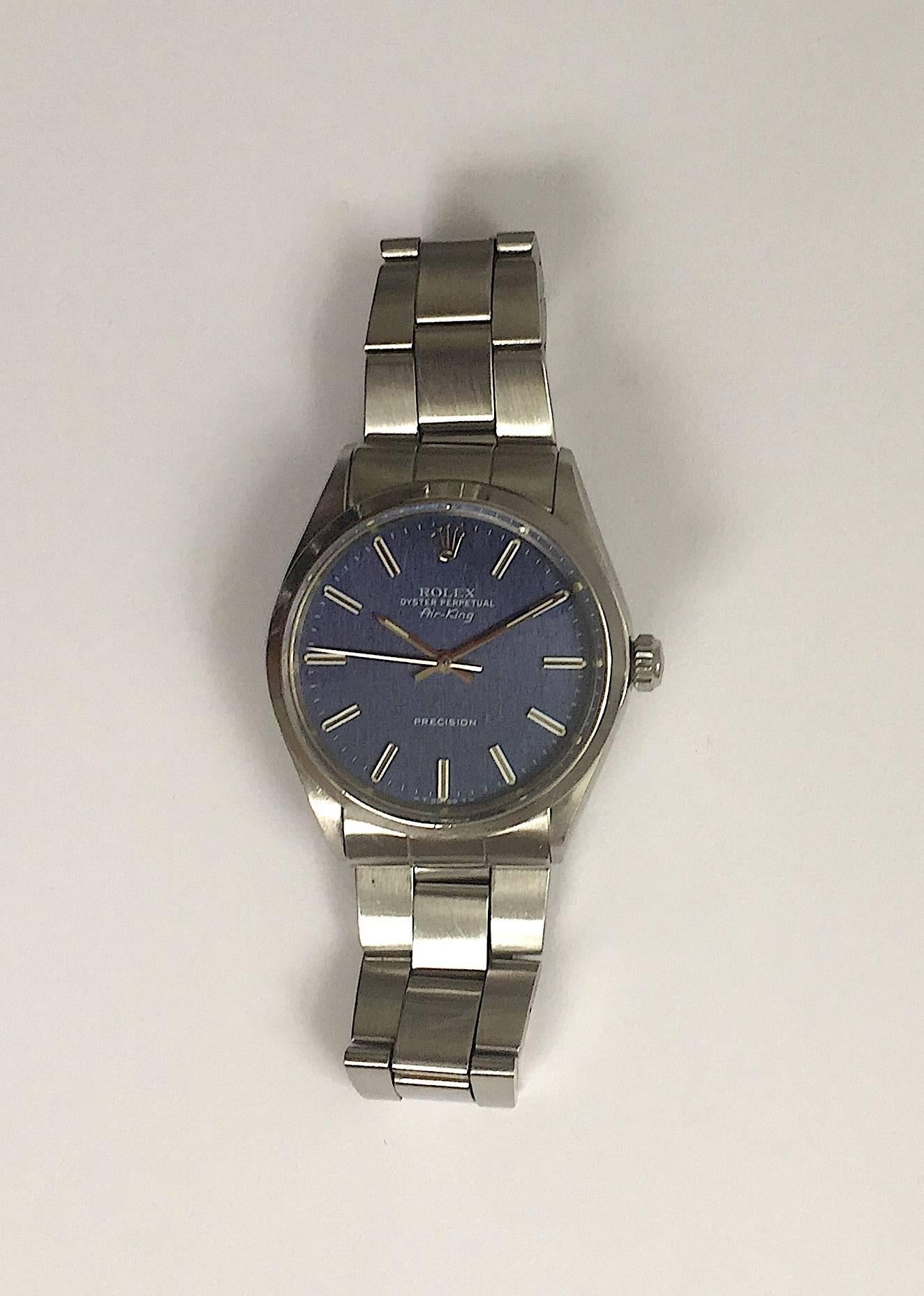 Women's or Men's Rolex Stainless Steel Air-King Blue Linen Dial Automatic Wristwatch, 1970s For Sale