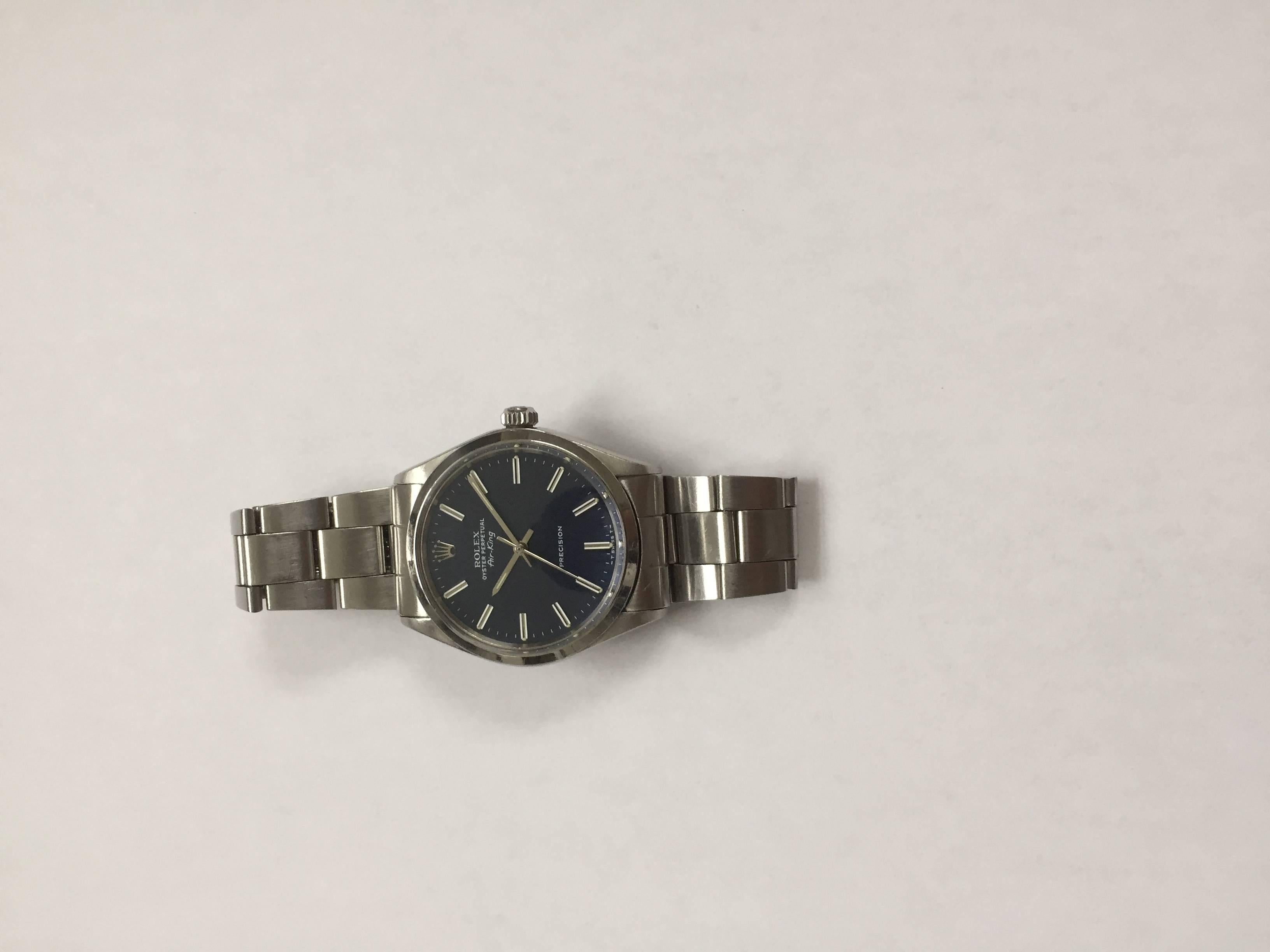 Rolex Stainless Steel Air-King Blue Linen Dial Automatic Wristwatch, 1970s For Sale 1