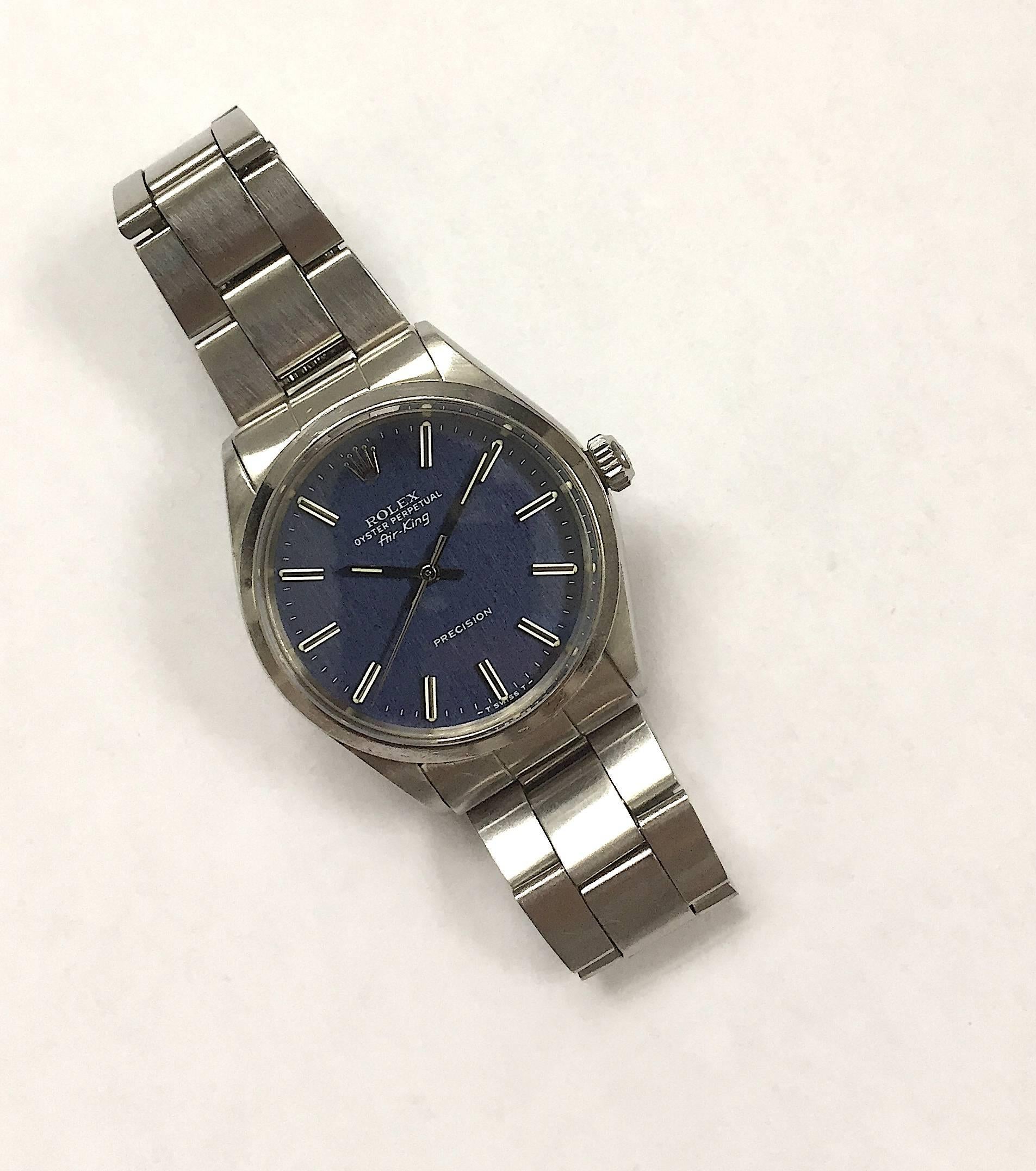 Rolex Stainless Steel Air-King Blue Linen Dial Automatic Wristwatch, 1970s For Sale 2
