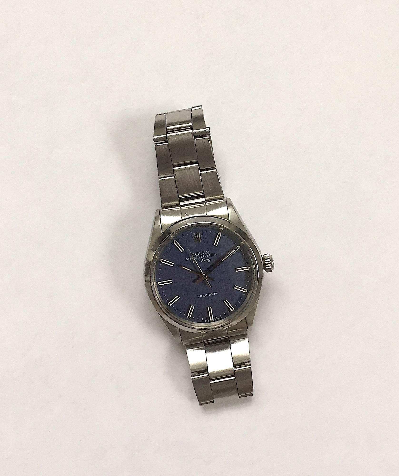 Rolex Stainless Steel Air-King Blue Linen Dial Automatic Wristwatch, 1970s For Sale 3