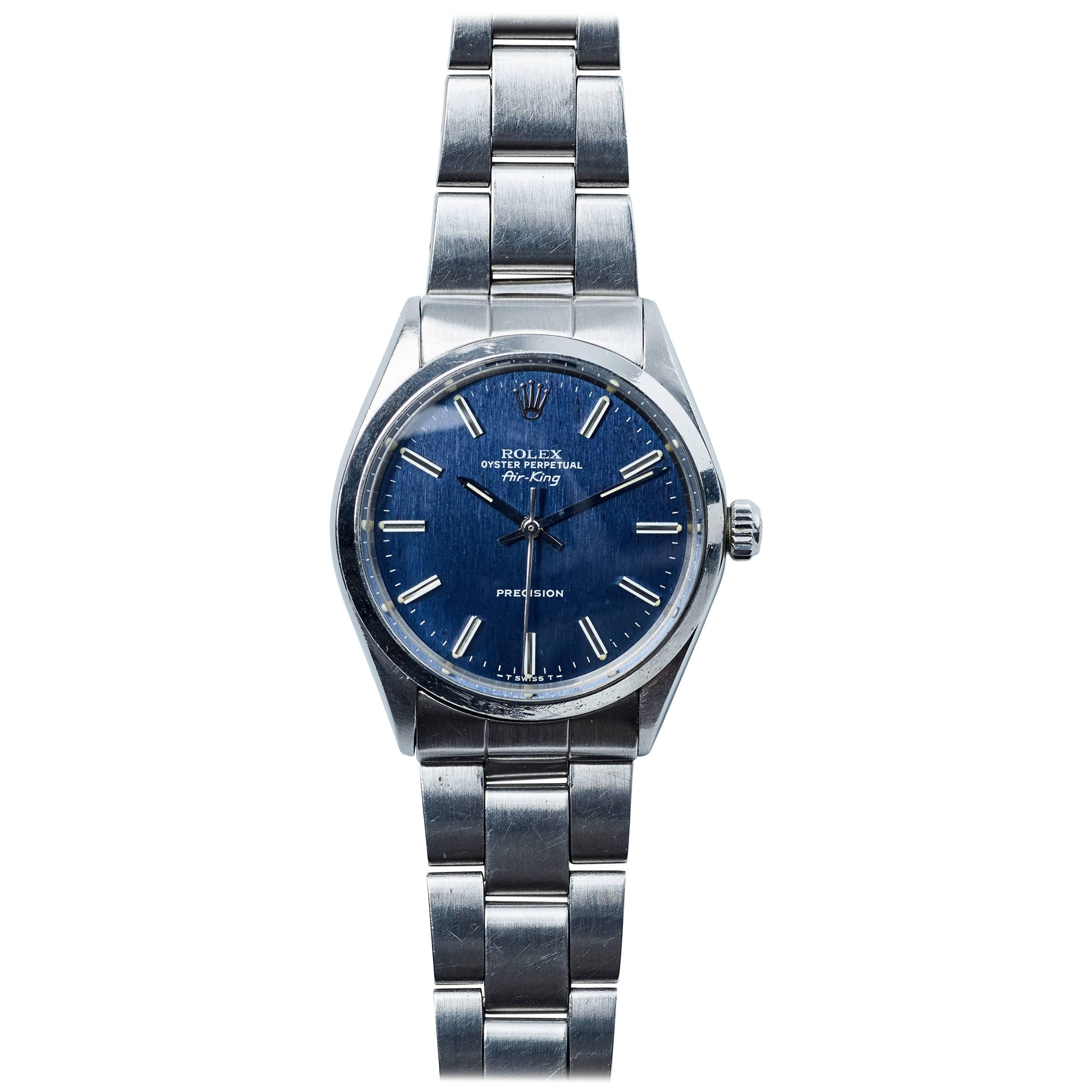 Rolex Stainless Steel Air-King Blue Linen Dial Automatic Wristwatch, 1970s For Sale
