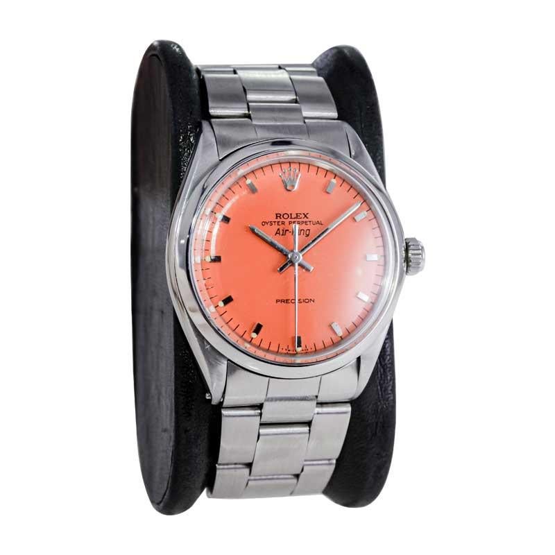 Rolex Edelstahl Air King maßgefertigtes orangefarbenes Zifferblatt Ende der 1960er Jahre für Damen oder Herren im Angebot