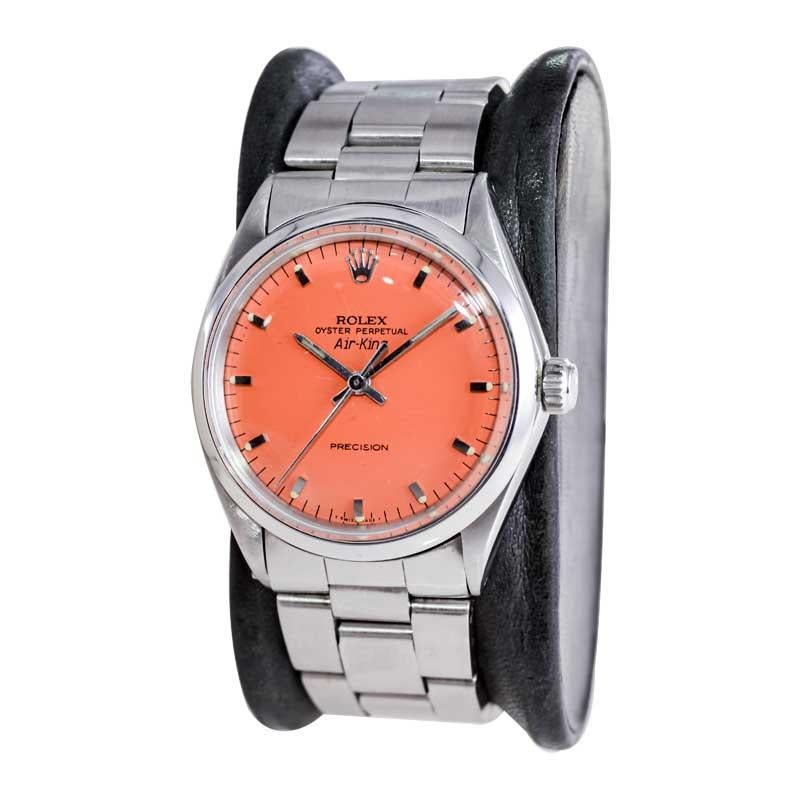 Rolex Stainless Steel Air King Custom Finished Orange Dial Late 1960's In Excellent Condition For Sale In Long Beach, CA