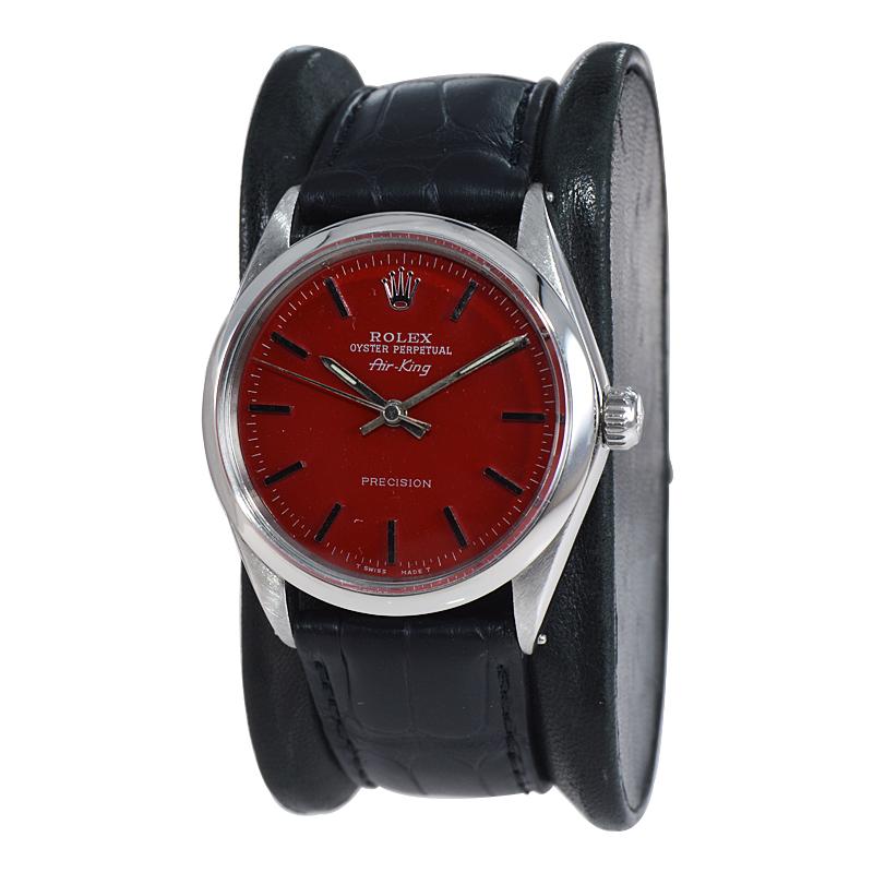 Rolex Edelstahl Air King Sonderanfertigung Rotes Zifferblatt Ende der 1960er Jahre für Damen oder Herren im Angebot