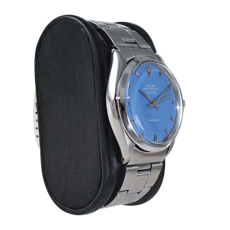 Moderniste Rolex Montre Air King en acier inoxydable avec cadran bleu peint sur-mesure, début des années 70 en vente