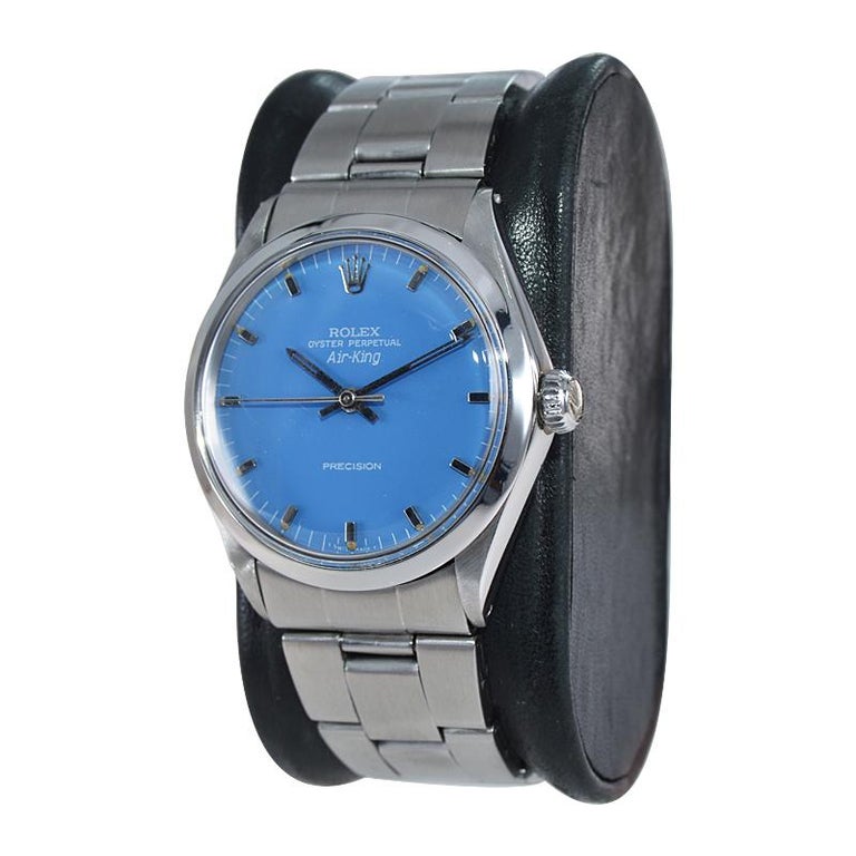 Women's or Men's Rolex Stainless Steel Air King With Custom Blue Dial from Early 70's For Sale