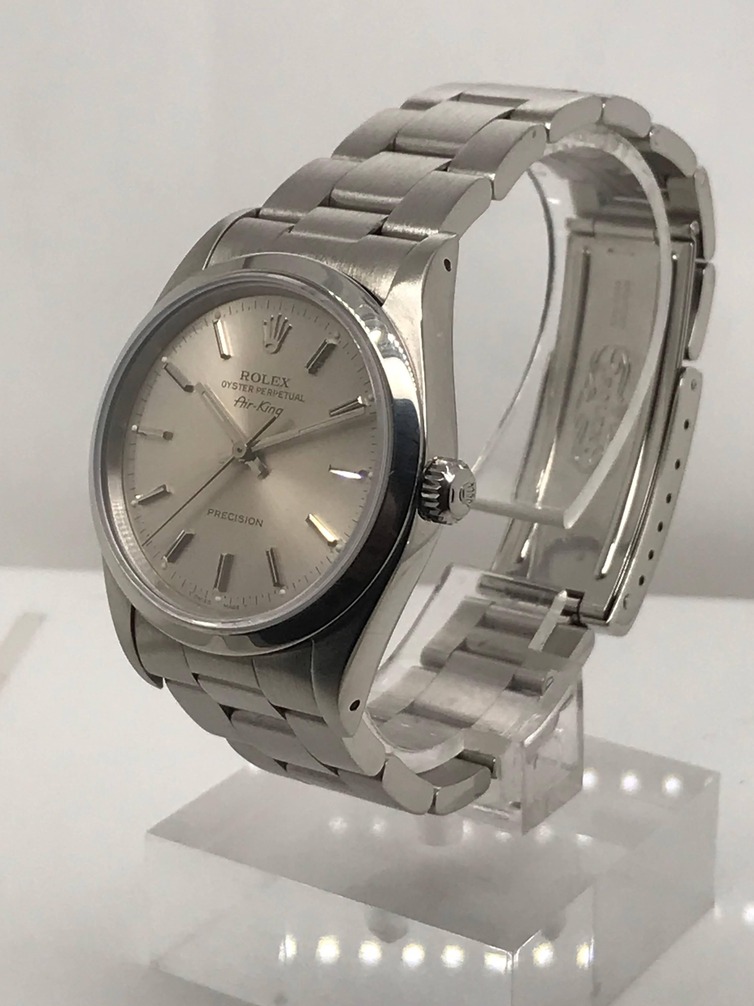 Excellent condition 1990 Rolex Air King with a silver colored dial and all Stainless Steel Casing. This watch is on a Stainless Steel Oyster link bracelet.

This timepiece was recently serviced by a Rolex certified Watchmaker. 